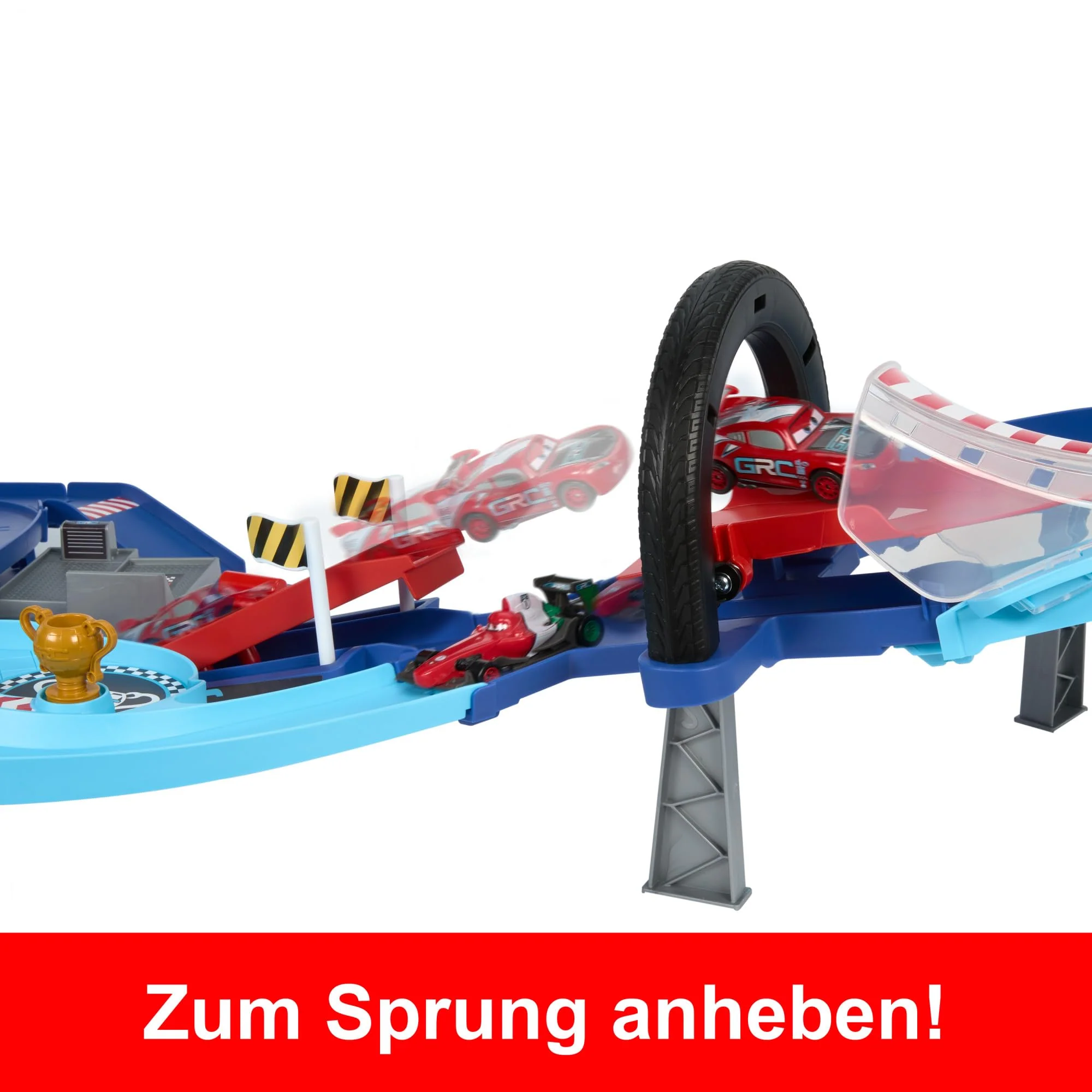 Mattel Disney und Pixar Cars Spielset mit 2 Spielzeugautos, Lightning McQueen und Francesco Bernoulli, GRC Sprung-Rennstrecke Trackset mit manuellem Beschleuniger, HXJ32 - Image 5