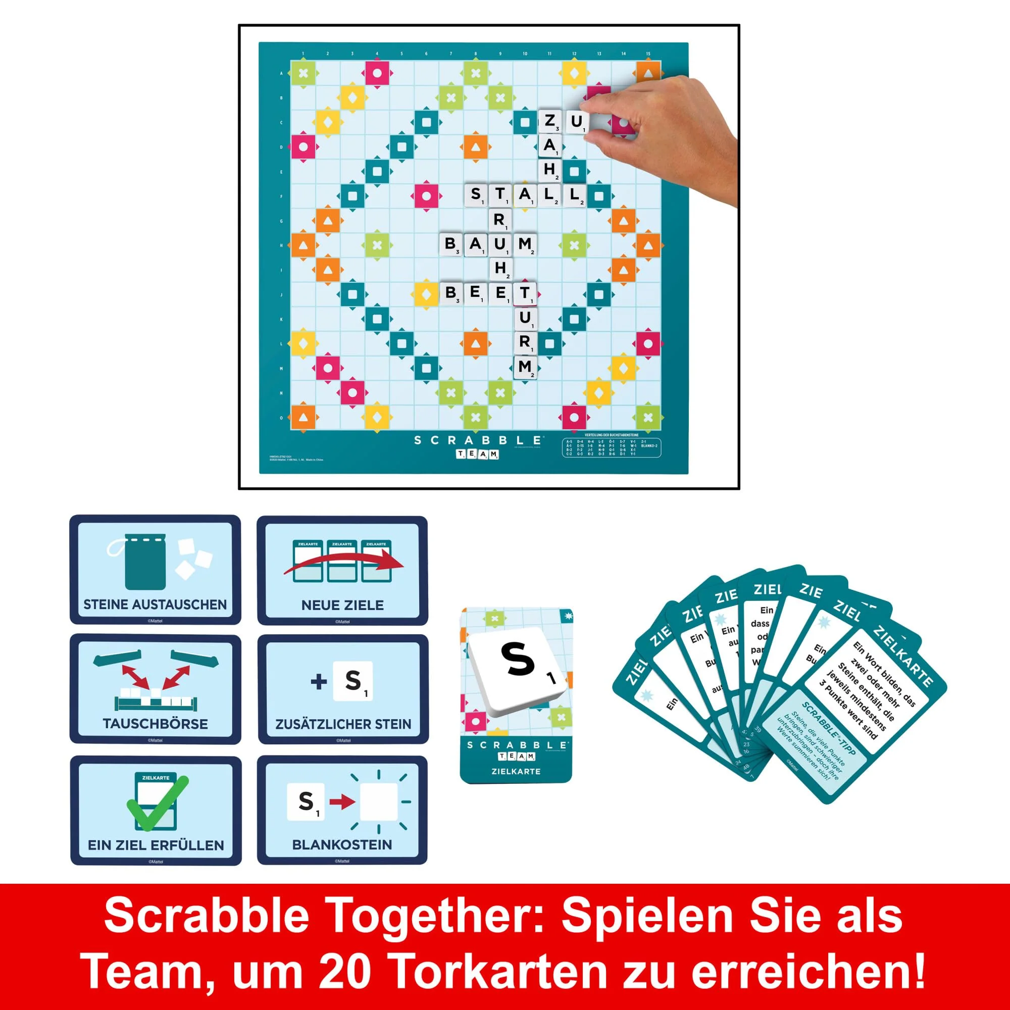 MATTEL GAMES Scrabble Zwei in Eins - Doppelseitiges Brettspiel für schnelles, zwangloses und kooperatives Spiel, inklusive 50 Zielkarten für Scrabble Together, einfache Punktevergabe, HWD45 - Image 4