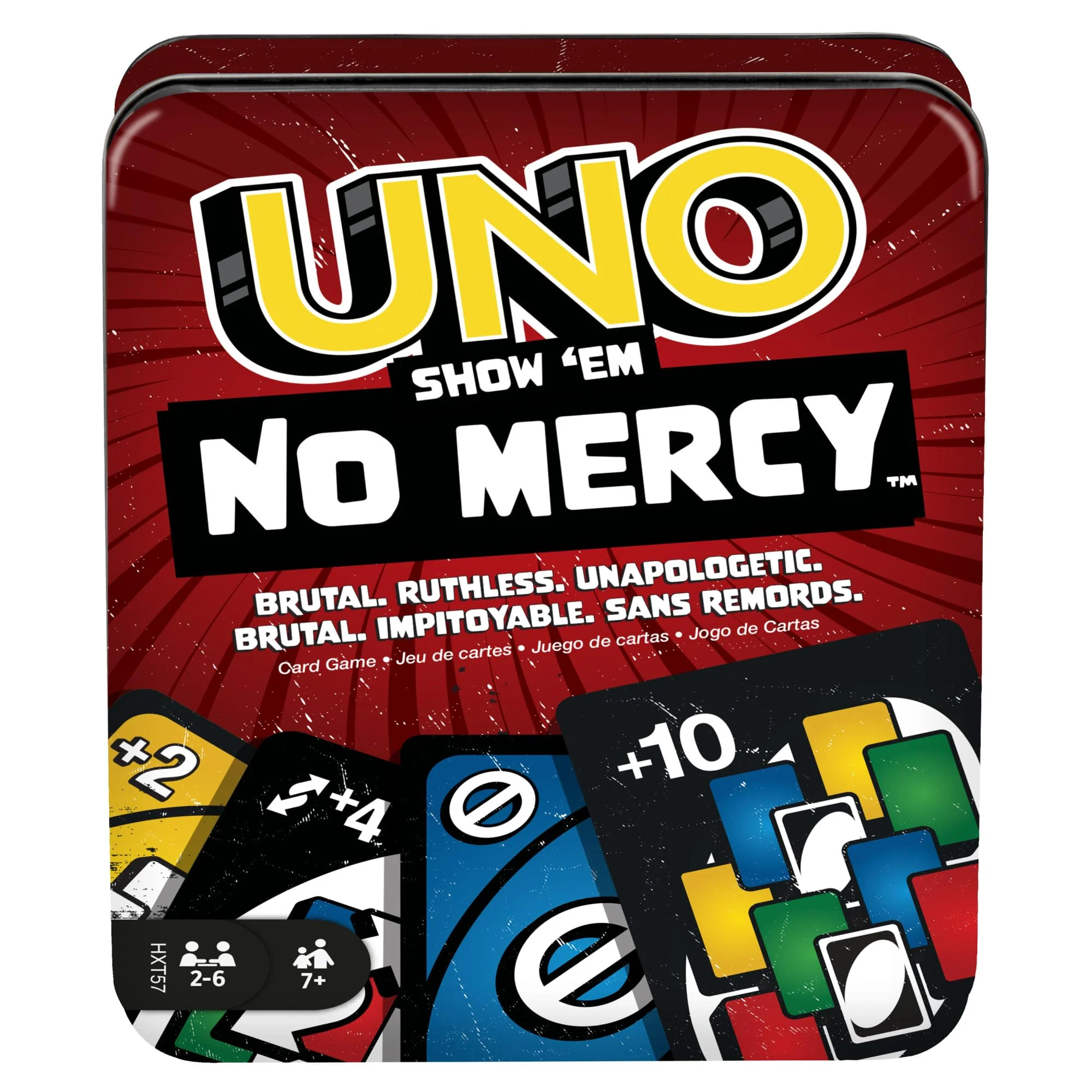 Mattel Games UNO No Mercy Kartenspiel in Einer Aufbewahrungsdose zum Mitnehmen für Kinder, Erwachsene und Familienabende mit zusätzlichen Karten, Sonderregeln und härteren Strafen, HXT57