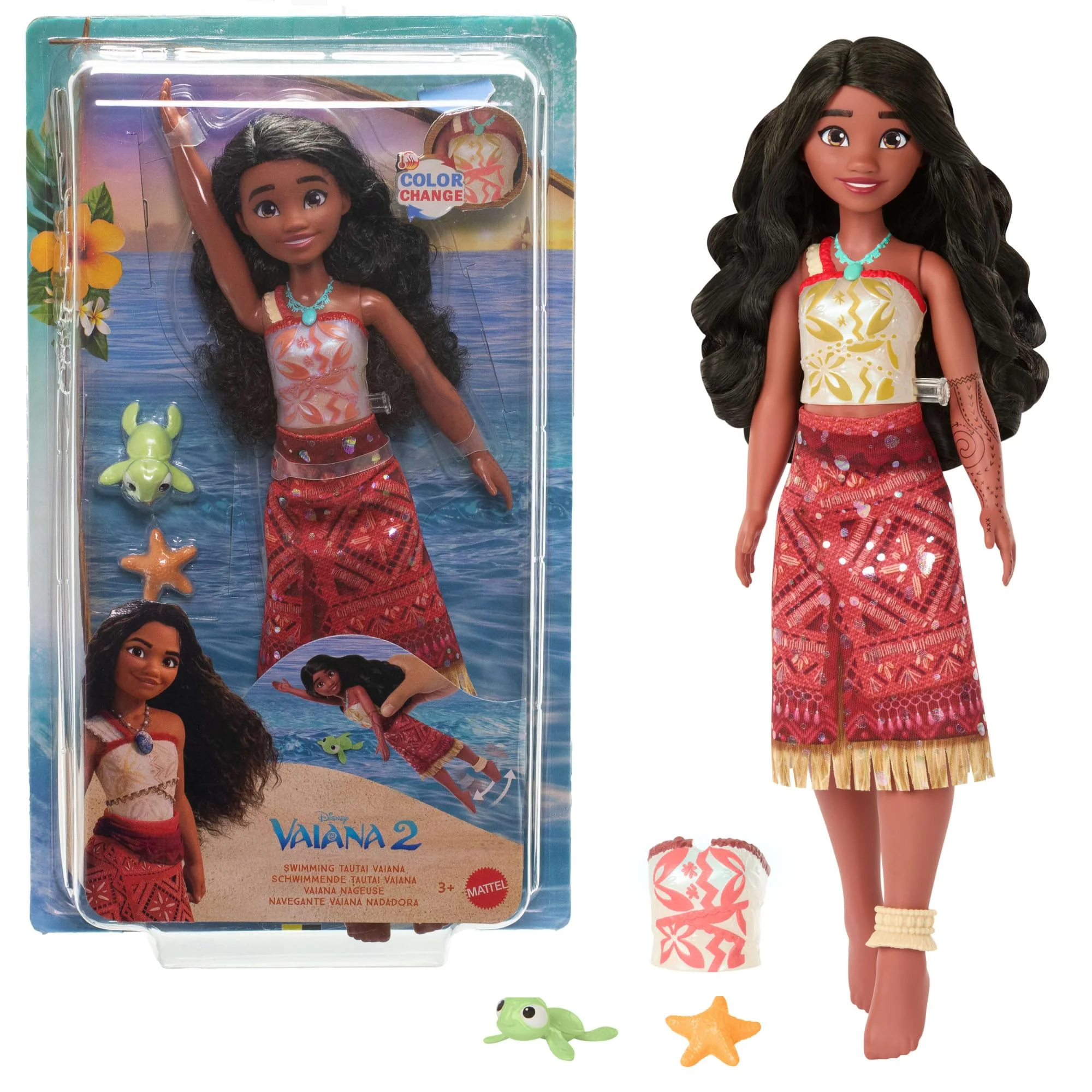 Mattel Spielzeuge aus Disney Vaiana 2, schwimmende Tautai Vaiana-Modepuppe mit 2 Zubehörteilen, Oberteil mit Farbwechsel und Beine für Schwimmbewegungen, vom Film inspiriert, JFF09