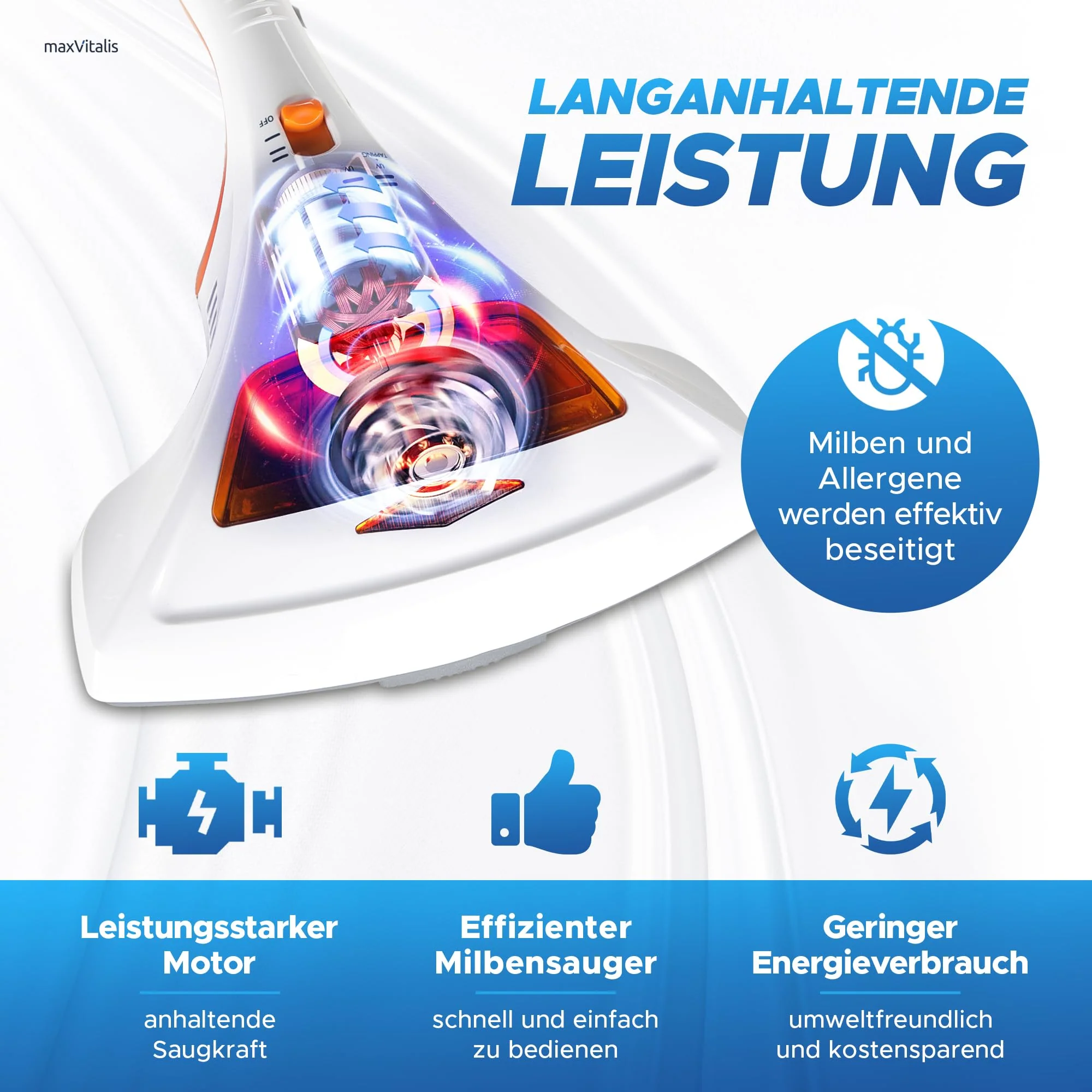 maxVitalis Milben-Handstaubsauger UV-C Licht, Sterilisation u. Reinigung, Matratzensauger, HEPA-Filtration vernichtet bis zu 99,9% Aller Milben, ohne Beutel, Starke Saugleistung, für Allergiker - Image 2