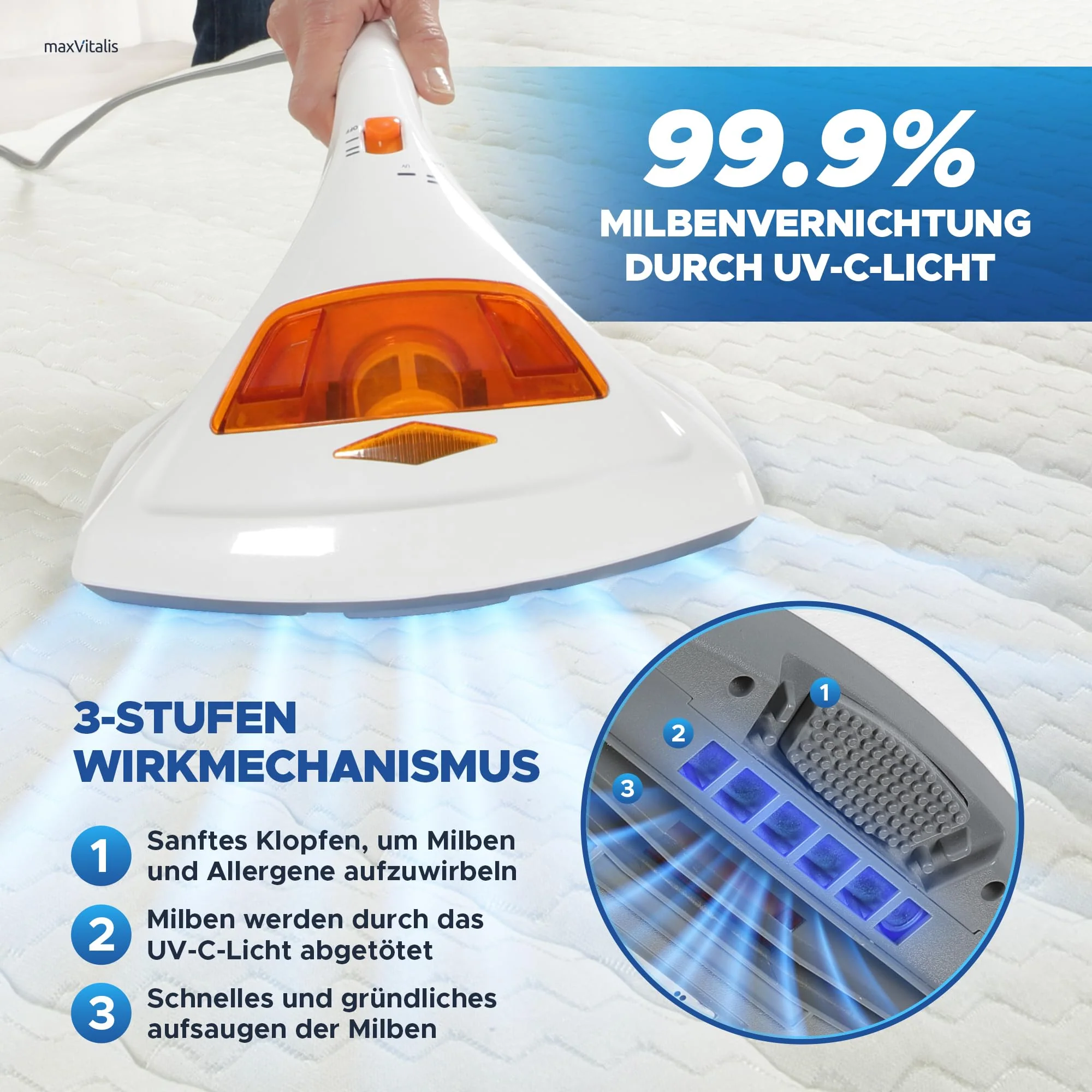 maxVitalis Milben-Handstaubsauger UV-C Licht, Sterilisation u. Reinigung, Matratzensauger, HEPA-Filtration vernichtet bis zu 99,9% Aller Milben, ohne Beutel, Starke Saugleistung, für Allergiker - Image 3