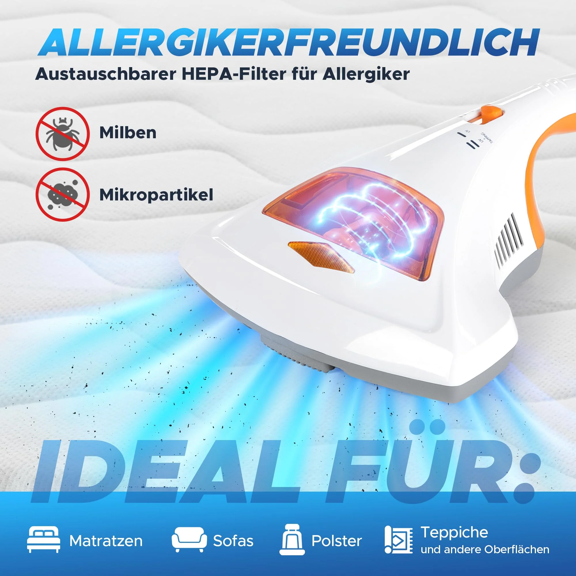 maxVitalis Milben-Handstaubsauger UV-C Licht, Sterilisation u. Reinigung, Matratzensauger, HEPA-Filtration vernichtet bis zu 99,9% Aller Milben, ohne Beutel, Starke Saugleistung, für Allergiker - Image 4