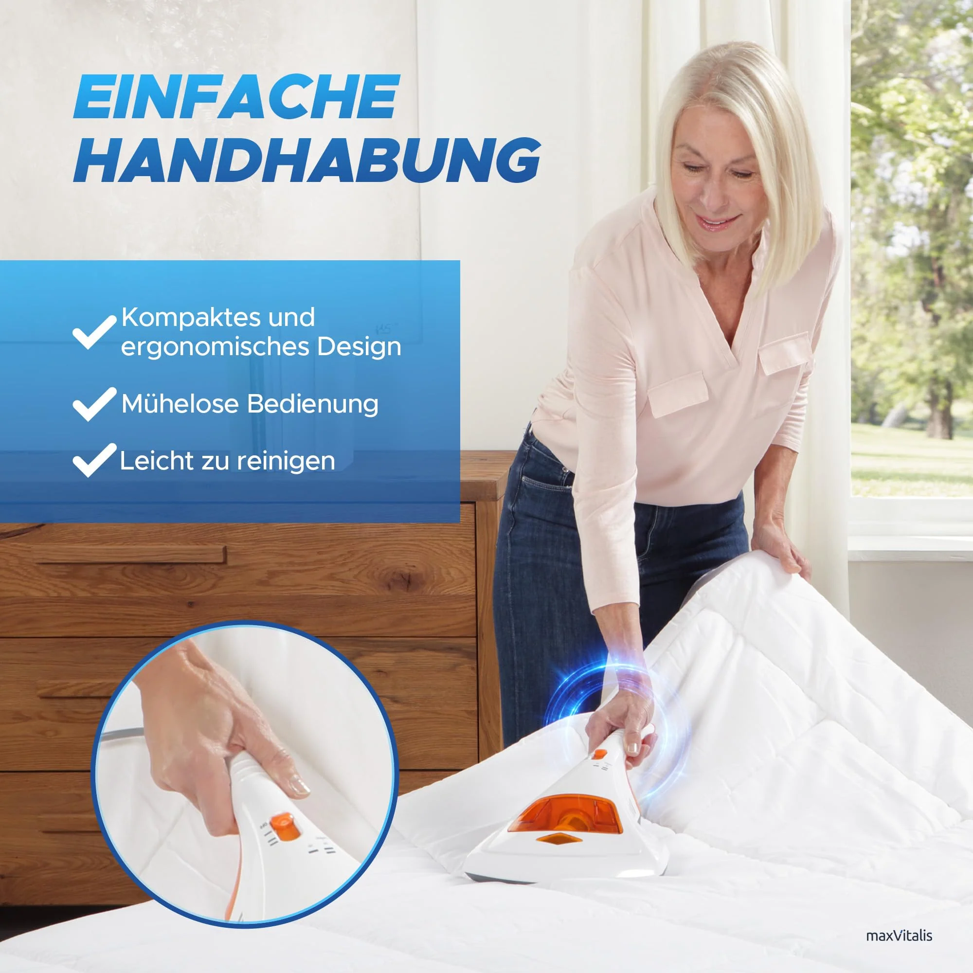 maxVitalis Milben-Handstaubsauger UV-C Licht, Sterilisation u. Reinigung, Matratzensauger, HEPA-Filtration vernichtet bis zu 99,9% Aller Milben, ohne Beutel, Starke Saugleistung, für Allergiker - Image 5