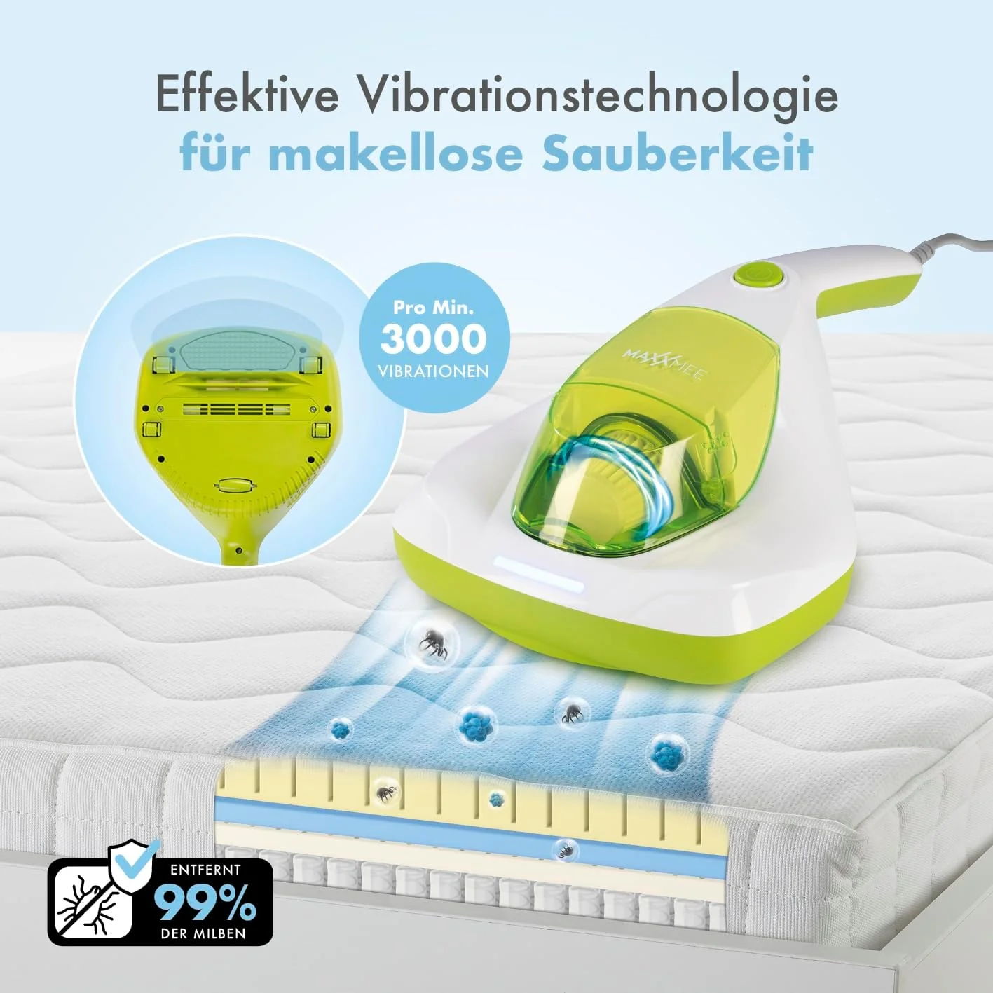 MAXXMEE Milben-Handstaubsauger inkl. Anti-Milben Spray | Antimilben-Sauger mit UV-C Licht, vernichtet 99,9% der Milben | Matratzensauger inkl. HEPA Filter und 250ml Staubbehälter [Limonengrün] - Image 13