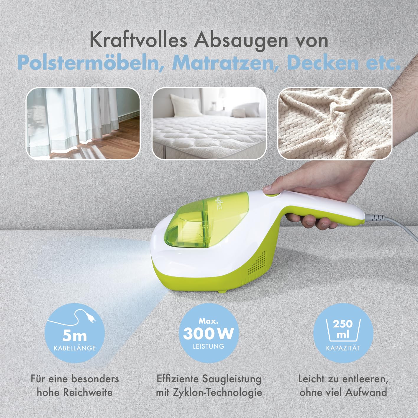 MAXXMEE Milben-Handstaubsauger inkl. Anti-Milben Spray | Antimilben-Sauger mit UV-C Licht, vernichtet 99,9% der Milben | Matratzensauger inkl. HEPA Filter und 250ml Staubbehälter [Limonengrün] - Image 14