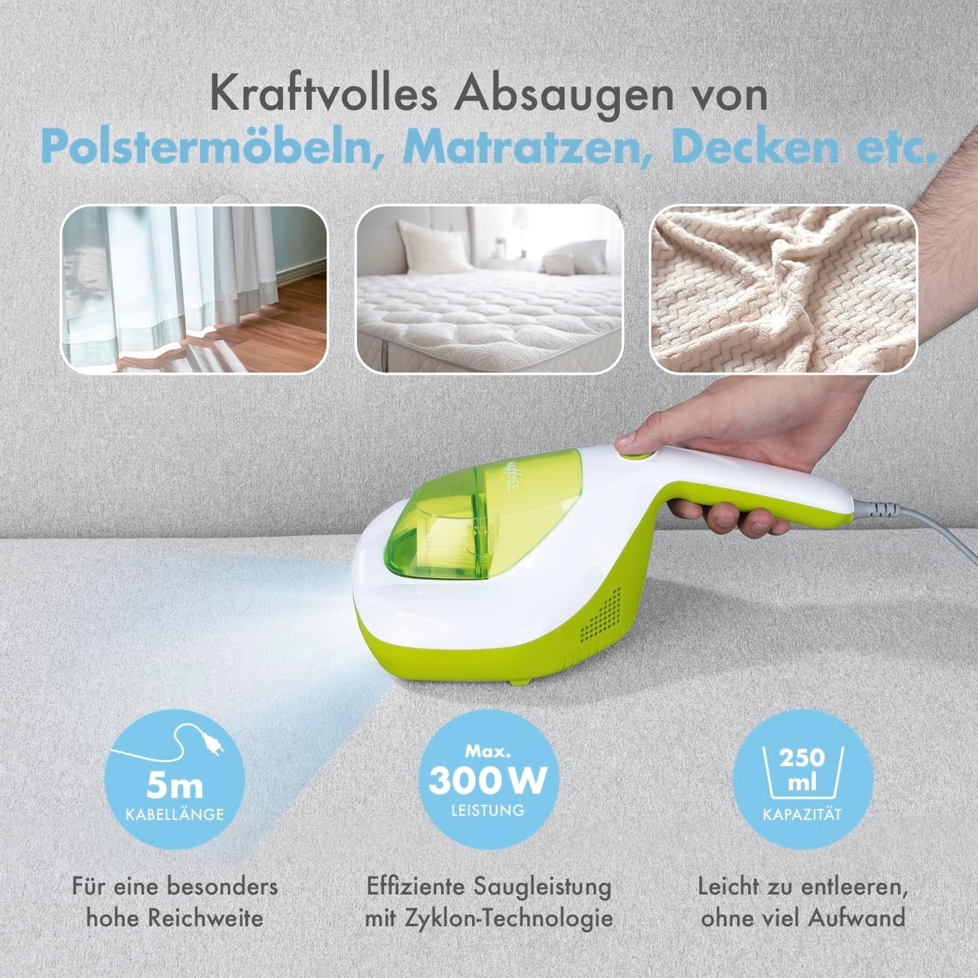 MAXXMEE Milben-Handstaubsauger inkl. Anti-Milben Spray | Antimilben-Sauger mit UV-C Licht, vernichtet 99,9% der Milben | Matratzensauger inkl. HEPA Filter und 250ml Staubbehälter [Limonengrün] - Image 15