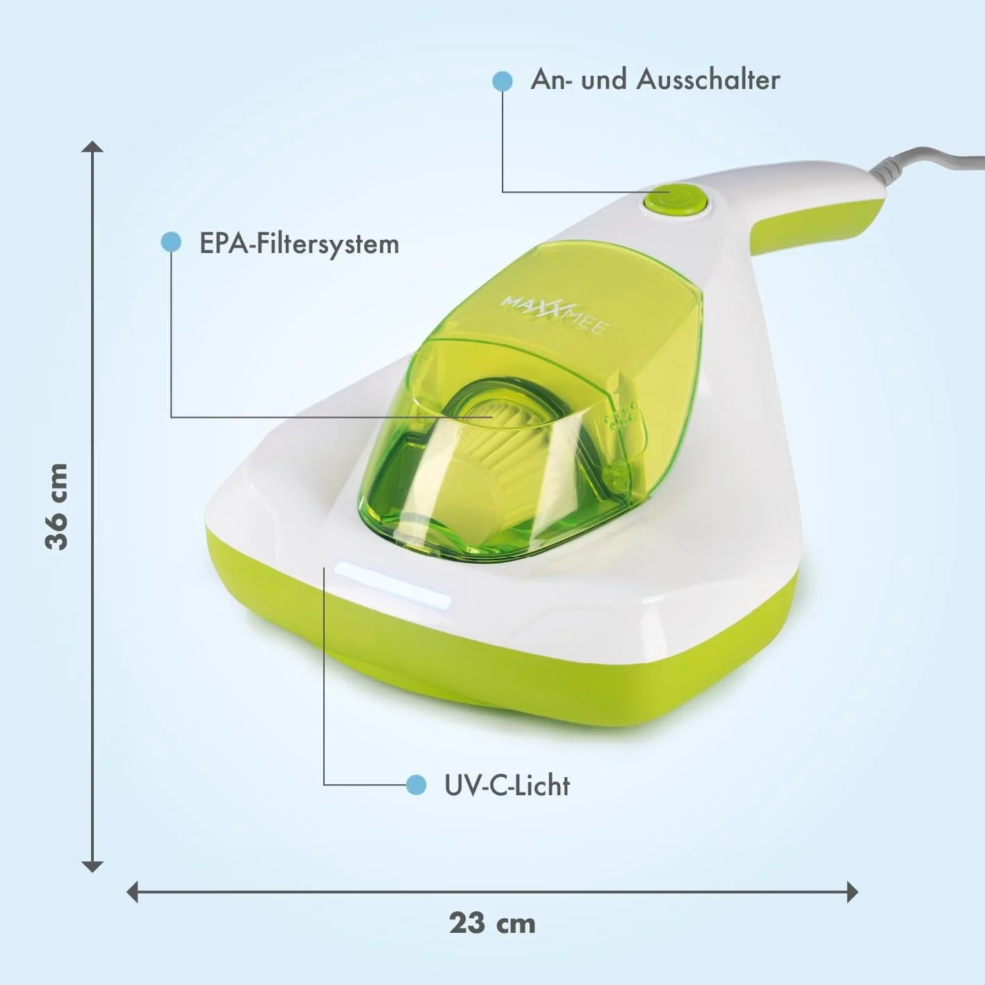 MAXXMEE Milben-Handstaubsauger inkl. Anti-Milben Spray | Antimilben-Sauger mit UV-C Licht, vernichtet 99,9% der Milben | Matratzensauger inkl. HEPA Filter und 250ml Staubbehälter [Limonengrün] - Image 5