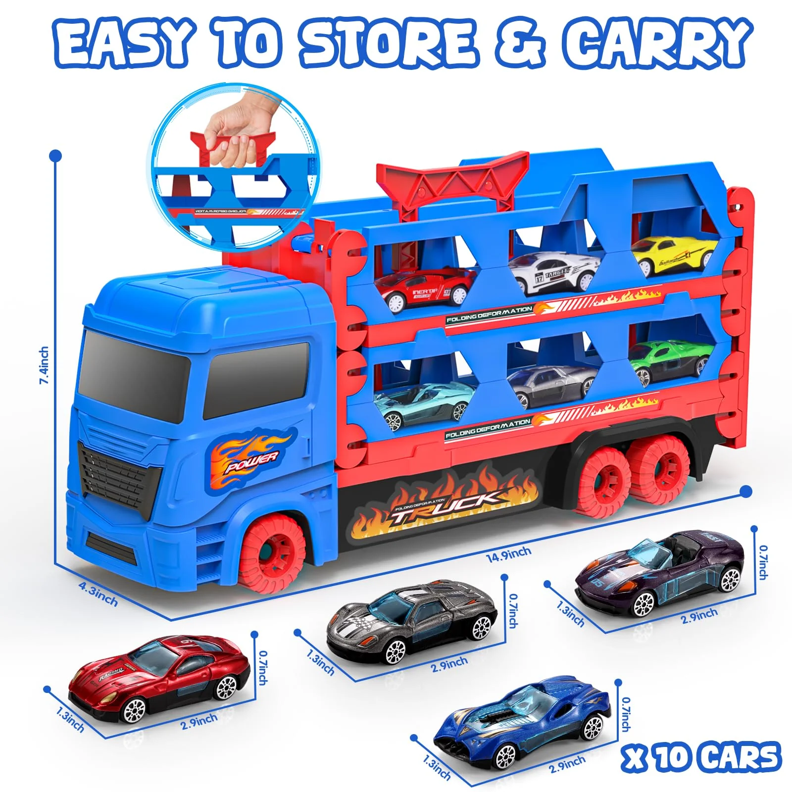 maysida Transport Truck Spielzeugautos für Jungen 3, 4, 5, 6 Jahren, 165cm&Faltbare Rennbahn Truck mit 10 Autos Spielzeug-4 Rückziehautos&6 Rennautos, Transporter Spielzeug-Kinder Geschenke für jungen - Image 4