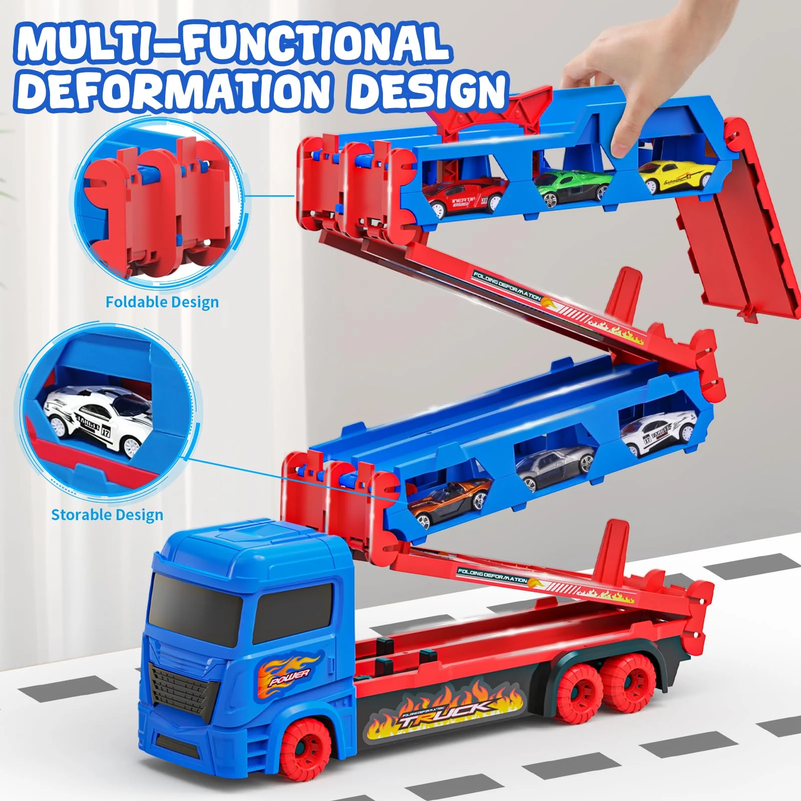 maysida Transport Truck Spielzeugautos für Jungen 3, 4, 5, 6 Jahren, 165cm&Faltbare Rennbahn Truck mit 10 Autos Spielzeug-4 Rückziehautos&6 Rennautos, Transporter Spielzeug-Kinder Geschenke für jungen - Image 5