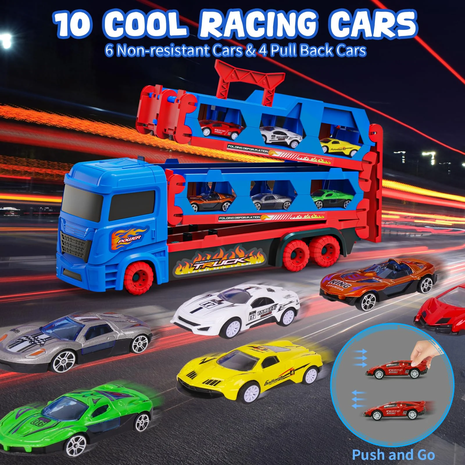 maysida Transport Truck Spielzeugautos für Jungen 3, 4, 5, 6 Jahren, 165cm&Faltbare Rennbahn Truck mit 10 Autos Spielzeug-4 Rückziehautos&6 Rennautos, Transporter Spielzeug-Kinder Geschenke für jungen - Image 7