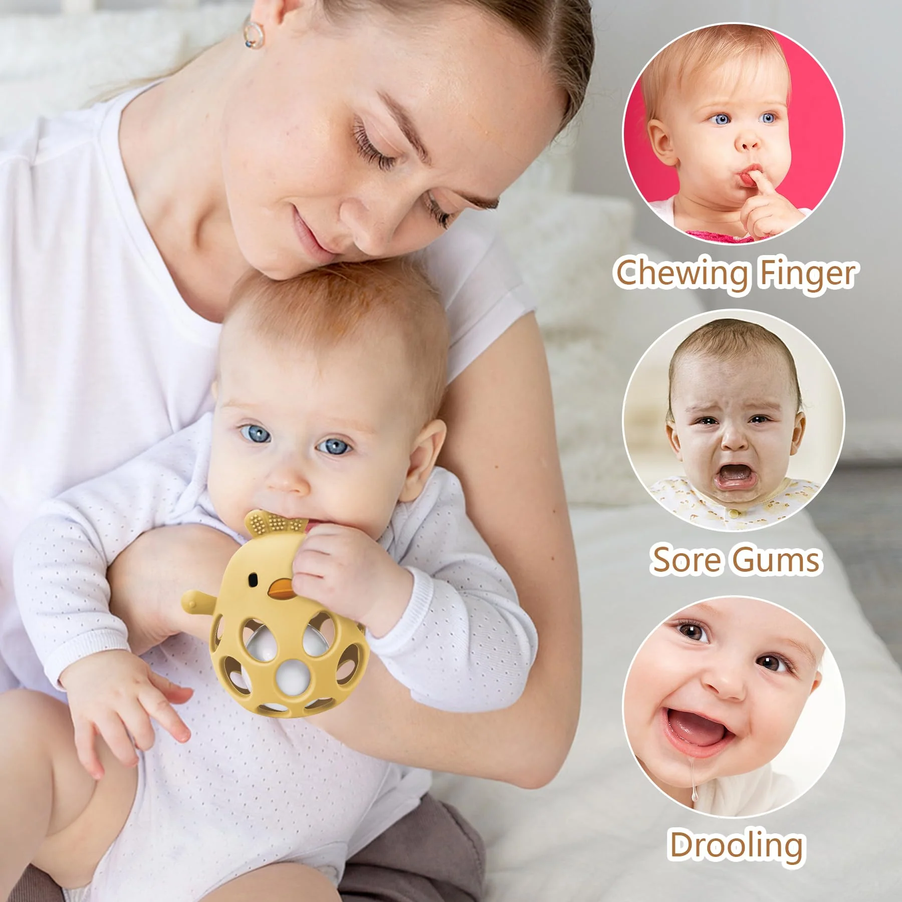 MCGMITT Greifball mit Rassel – Beißring Baby Silikon BPA-frei Sensorisches Montessori Spielzeug in Hühnchenform zur Zahnungshilfe und Frühförderung für Babys ab 0-24 Monate für Jungen und Mädchen-Gelb - Image 7