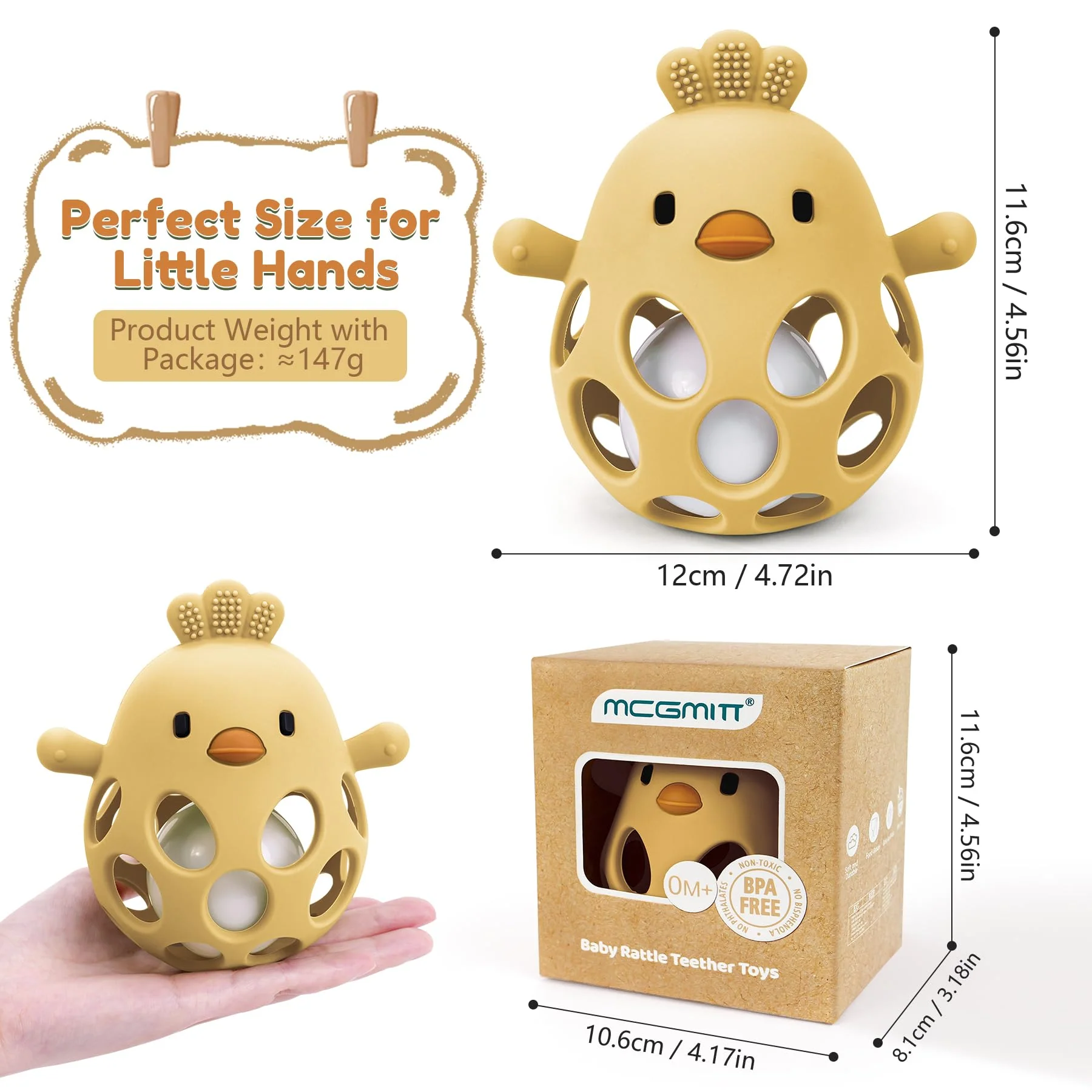 MCGMITT Greifball mit Rassel – Beißring Baby Silikon BPA-frei Sensorisches Montessori Spielzeug in Hühnchenform zur Zahnungshilfe und Frühförderung für Babys ab 0-24 Monate für Jungen und Mädchen-Gelb - Image 8