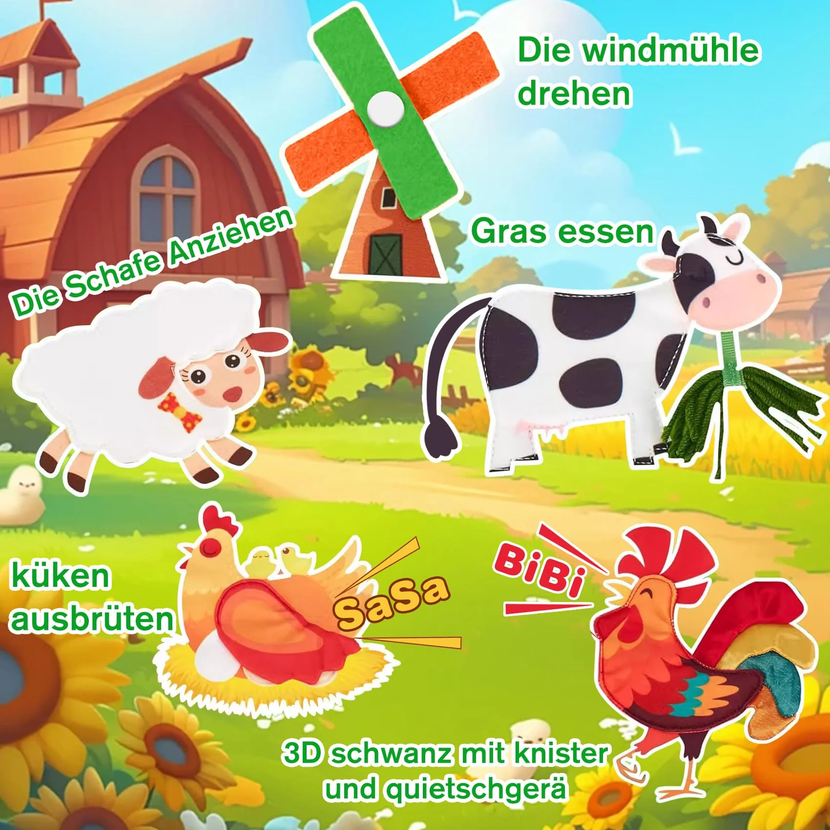 Meafeng® Busy Board Montessori Spielzeug ab 1 2 3 Jahre, 20 in 1 Quiet Book Activity Board mit Bauernhof Thema, Busy Book Weichem Filz Educational für Frühe Bildung, Geschenk Spielzeug Mädchen Junge - Image 5