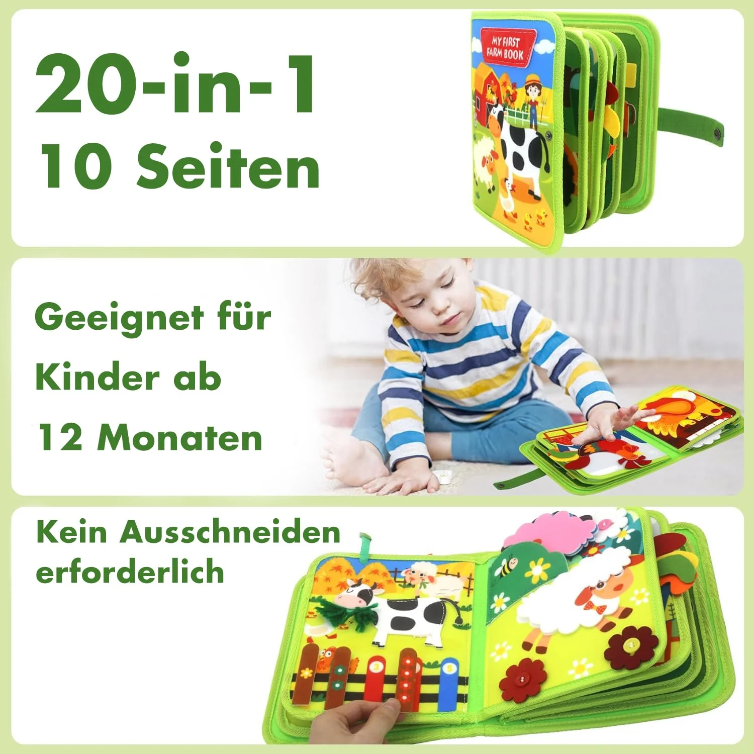 Meafeng® Busy Board Montessori Spielzeug ab 1 2 3 Jahre, 20 in 1 Quiet Book Activity Board mit Bauernhof Thema, Busy Book Weichem Filz Educational für Frühe Bildung, Geschenk Spielzeug Mädchen Junge - Image 8
