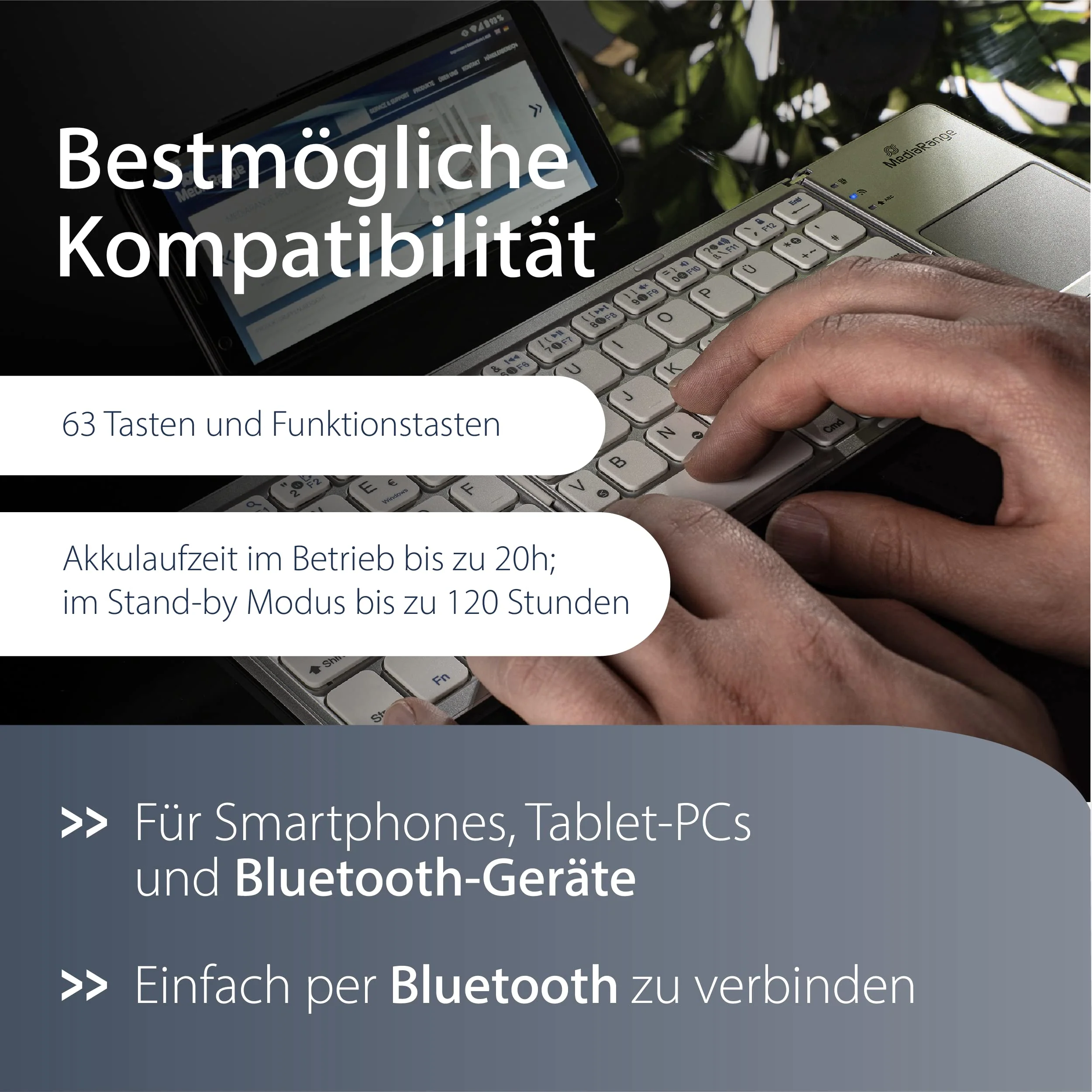 MediaRange kompakte Funk-Tastatur mit 63 Tasten und Touchpad, QWERTZ (DE/AT/CH) Tastaturbelegung, silber - Image 3