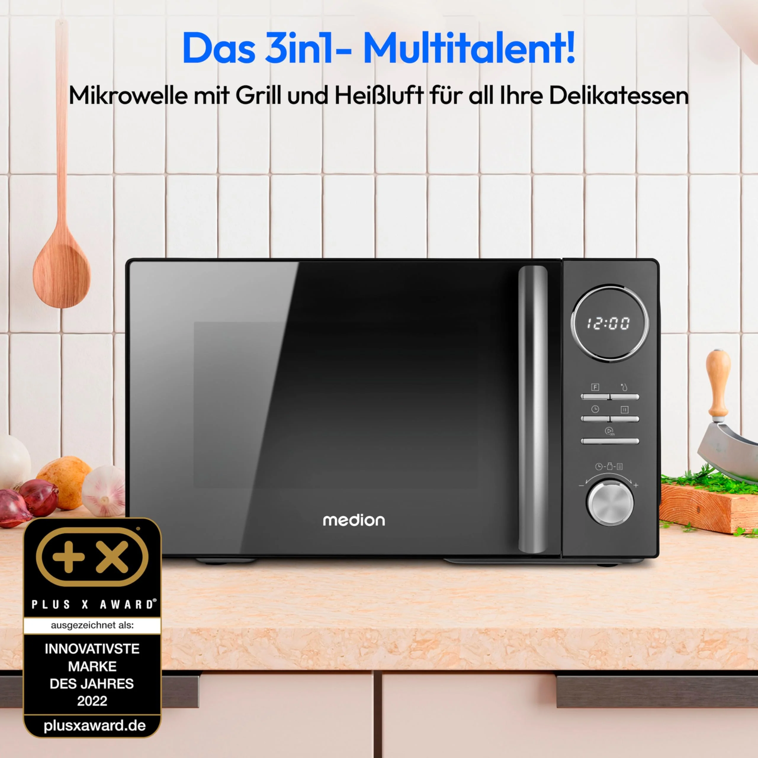 MEDION 3 in 1 Mikrowelle mit Grill und Heißluft Funktion (23 Liter, 900 Watt, 1.000 Watt Grill, 1.680 Watt Heißluft, 10 Automatikprogramme, Auftaufunktion, Display, MD11493) schwarz - Image 8
