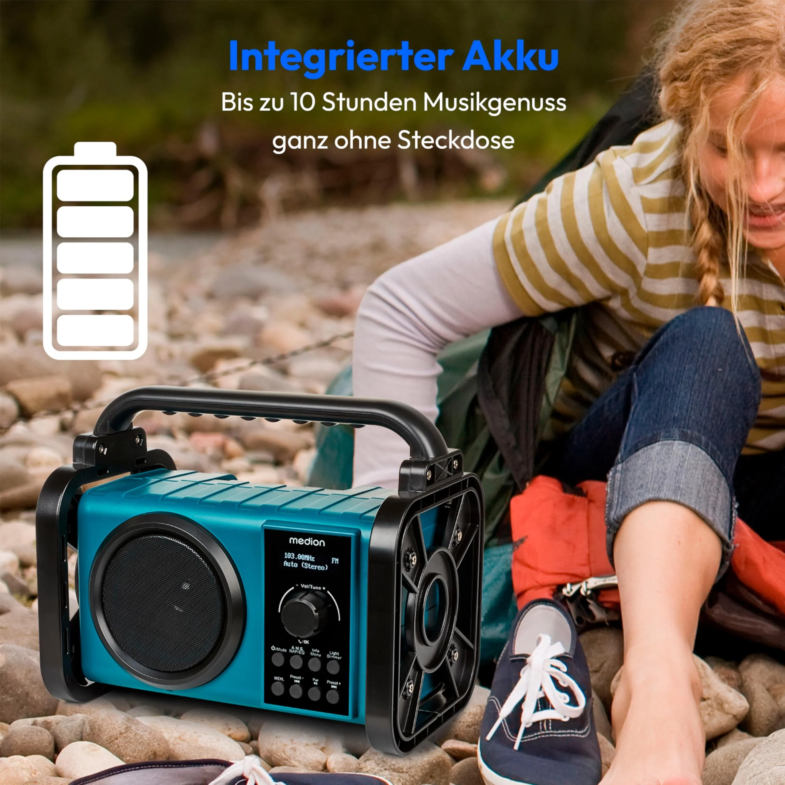 MEDION E66877 DAB+ Baustellenradio (Robustes Gehäuse, Spritzwassergeschützt (IP44), Bluetooth 5.0, PLL UKW Radio, LED-Arbeitslicht, Akku- und Netzbetrieb) blau - Image 5