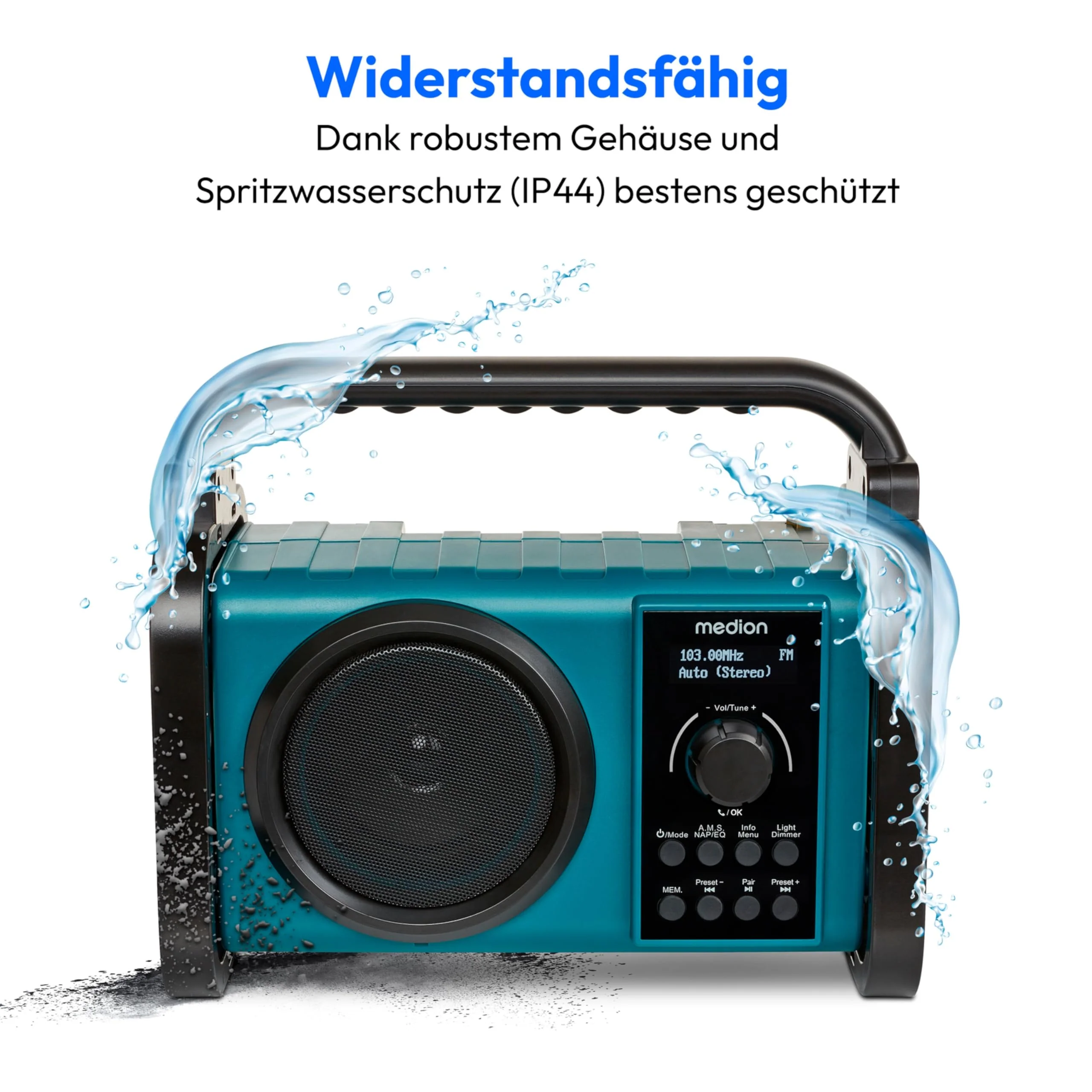 MEDION E66877 DAB+ Baustellenradio (Robustes Gehäuse, Spritzwassergeschützt (IP44), Bluetooth 5.0, PLL UKW Radio, LED-Arbeitslicht, Akku- und Netzbetrieb) blau - Image 7