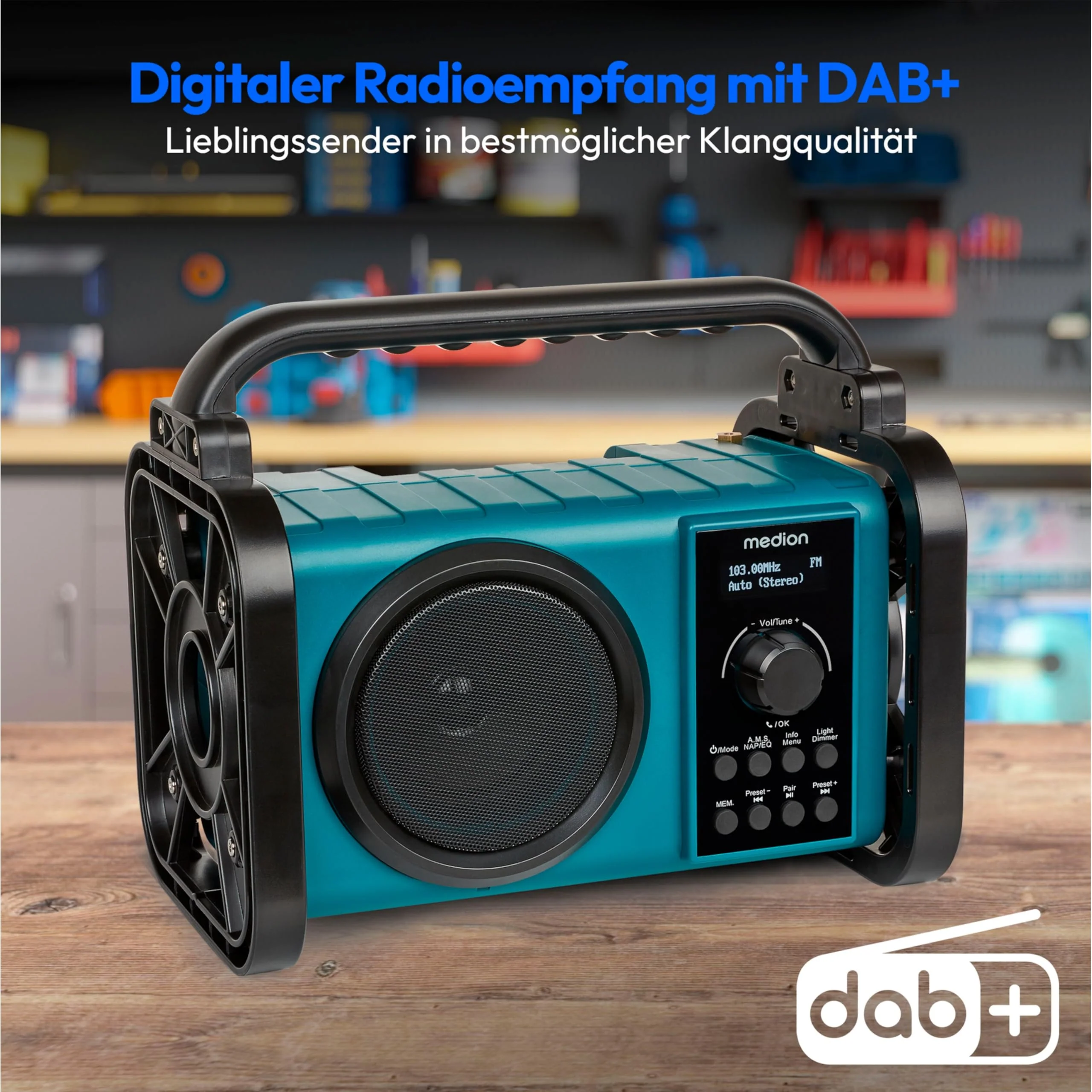 MEDION E66877 DAB+ Baustellenradio (Robustes Gehäuse, Spritzwassergeschützt (IP44), Bluetooth 5.0, PLL UKW Radio, LED-Arbeitslicht, Akku- und Netzbetrieb) blau - Image 8