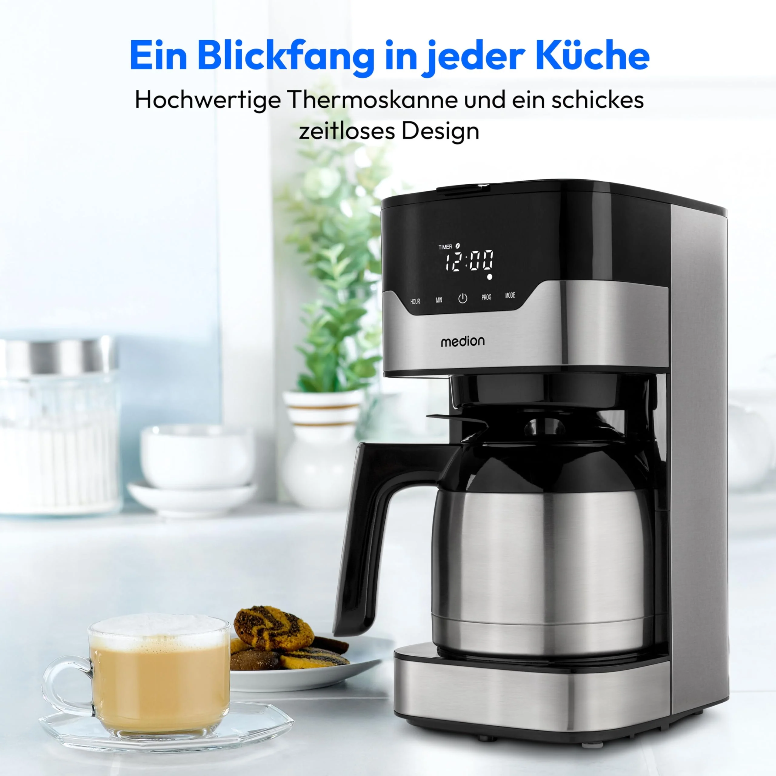MEDION Kaffeemaschine mit Thermoskanne und Timer (Filtermaschine, 8 Tassen, 1,2 Liter, 900 Watt, 3 Stufen, Warmhaltefunktion, Timer Zeitschaltuhr, Antitropf, Display, MD18458) edelstahl - Image 5