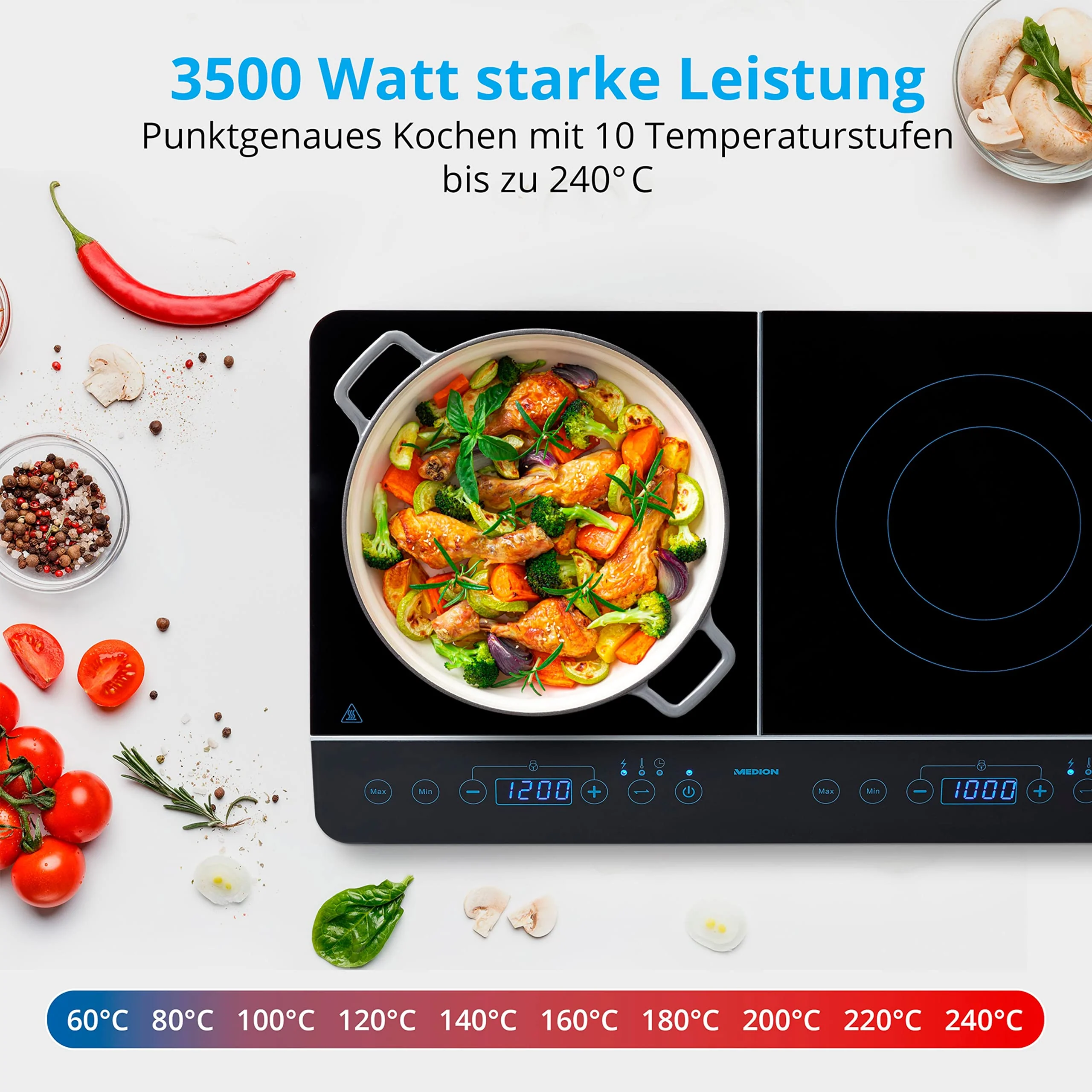 MEDION MD 15324 Doppel-Induktionskochplatte, 3500 Watt, Zwei Kochplatten, 10 Temperaturstufen, LED Display, schwarz - Image 2