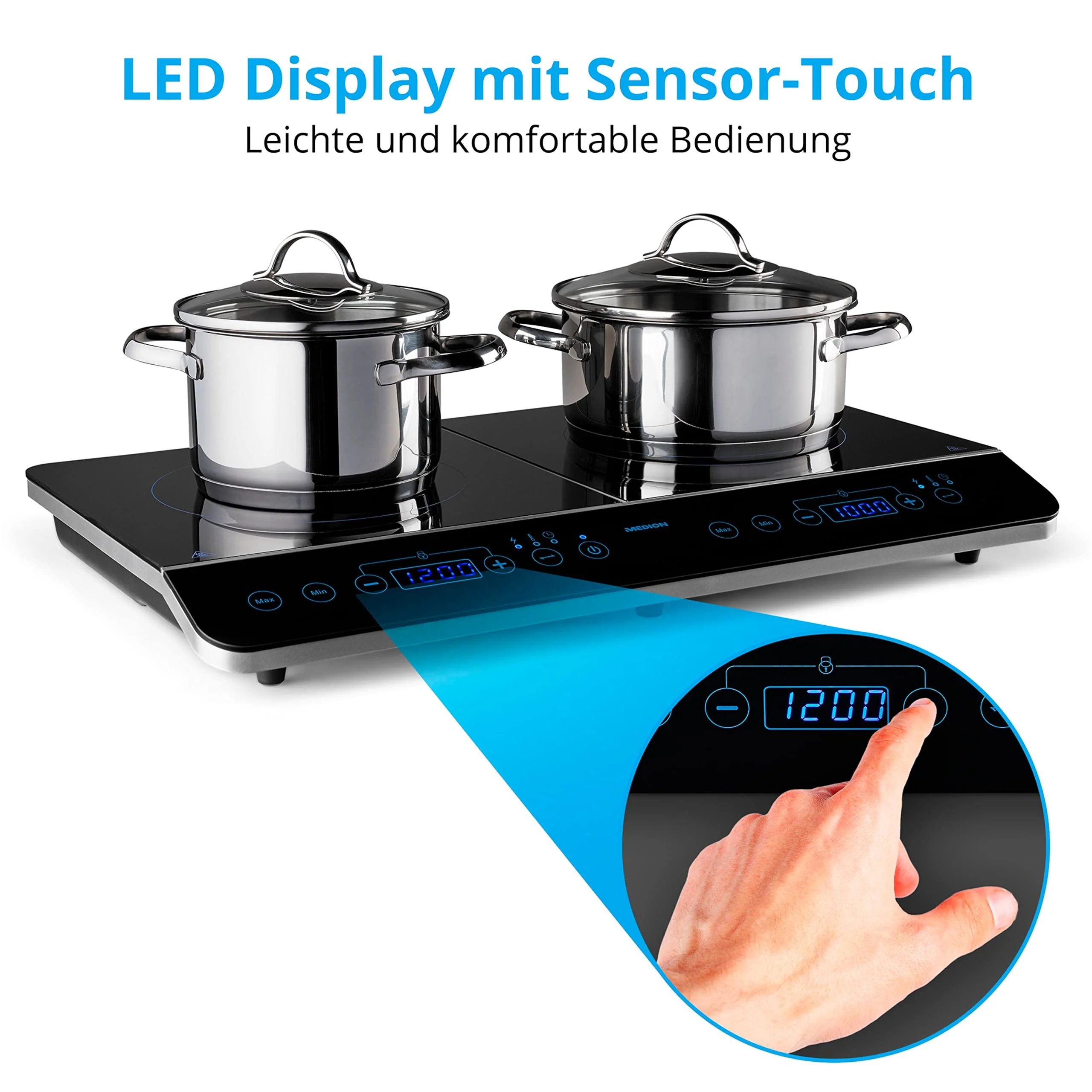 MEDION MD 15324 Doppel-Induktionskochplatte, 3500 Watt, Zwei Kochplatten, 10 Temperaturstufen, LED Display, schwarz - Image 5