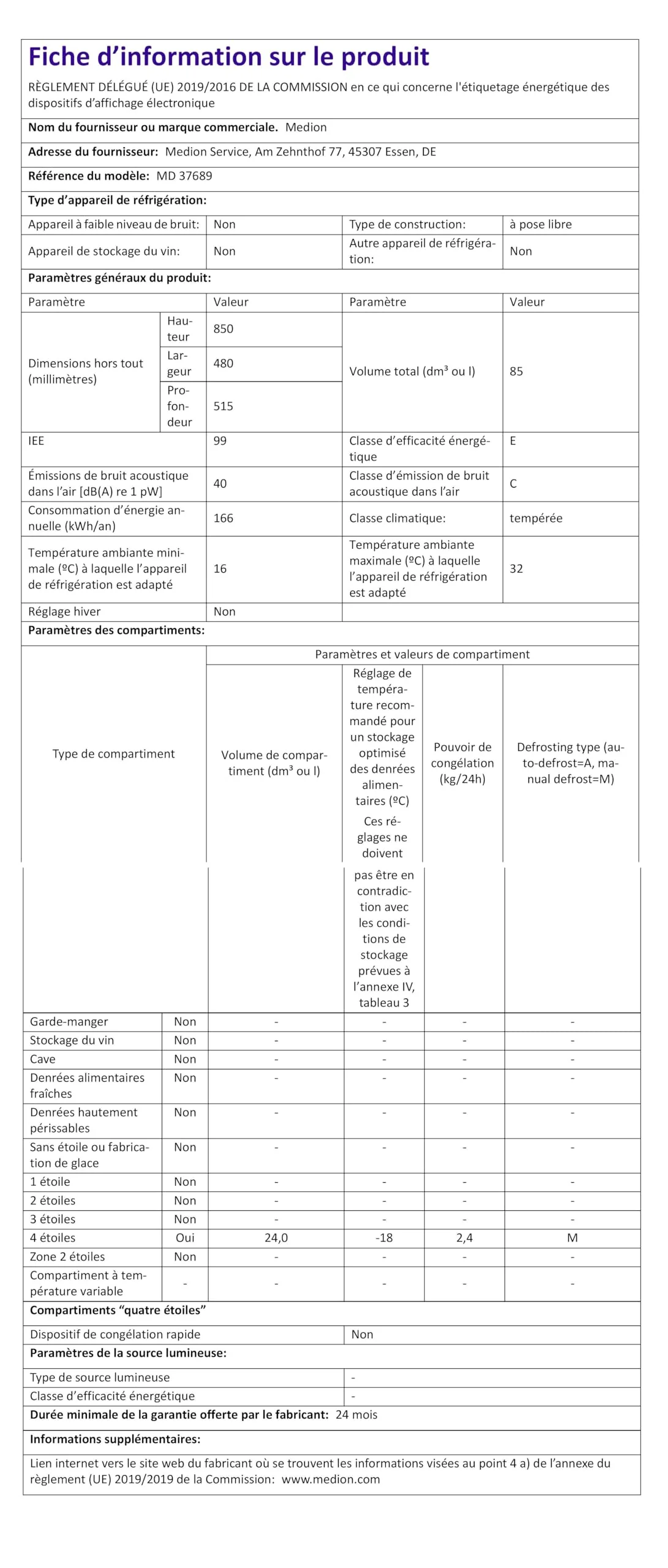 MEDION Mini Kühl-Gefrierkombination (85 Liter, 61L Kühlteil, 24L Gefrierteil, freistehend, 40 dB, transparente Gemüseschublade, Türanschlag wechselbar, MD 37689) weiß - Image 2