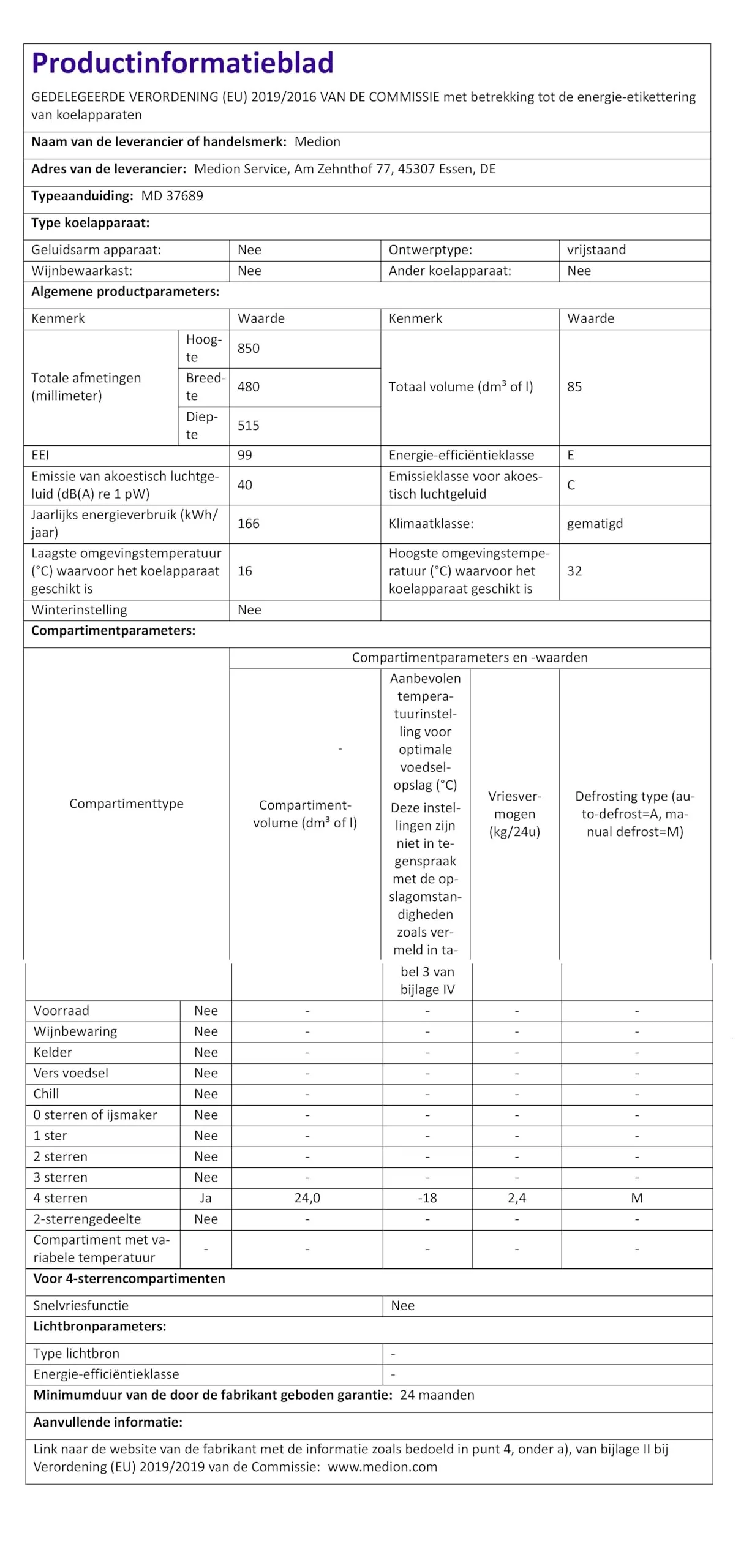 MEDION Mini Kühl-Gefrierkombination (85 Liter, 61L Kühlteil, 24L Gefrierteil, freistehend, 40 dB, transparente Gemüseschublade, Türanschlag wechselbar, MD 37689) weiß - Image 6