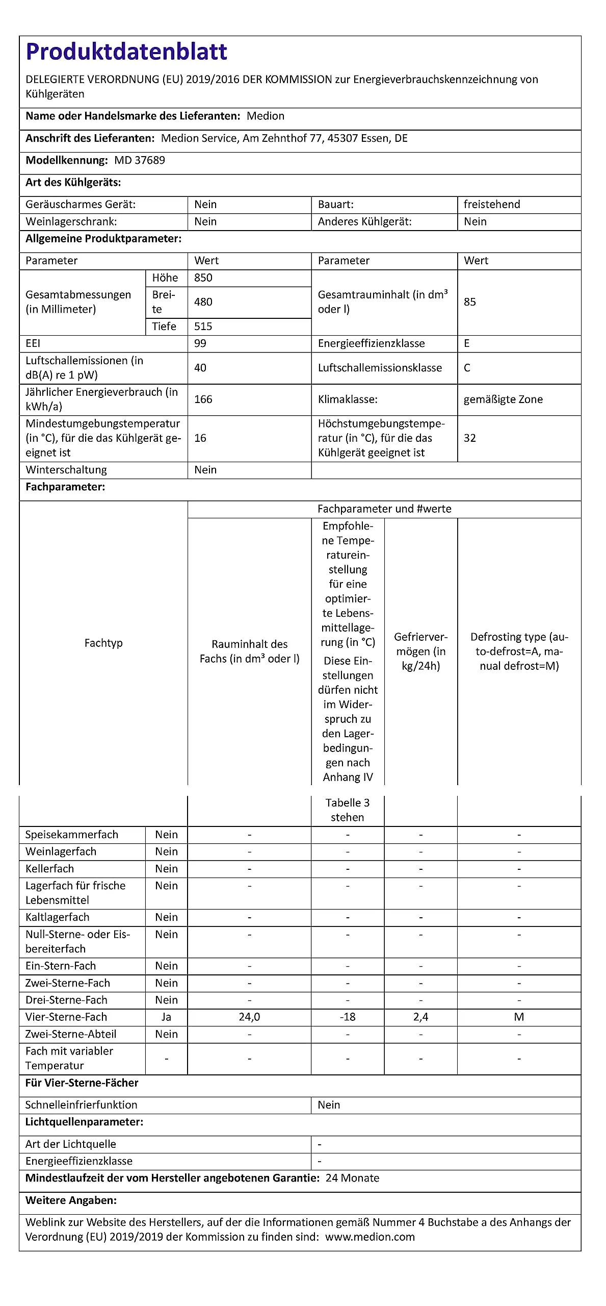 MEDION Mini Kühl-Gefrierkombination (85 Liter, 61L Kühlteil, 24L Gefrierteil, freistehend, 40 dB, transparente Gemüseschublade, Türanschlag wechselbar, MD 37689) weiß - Image 9