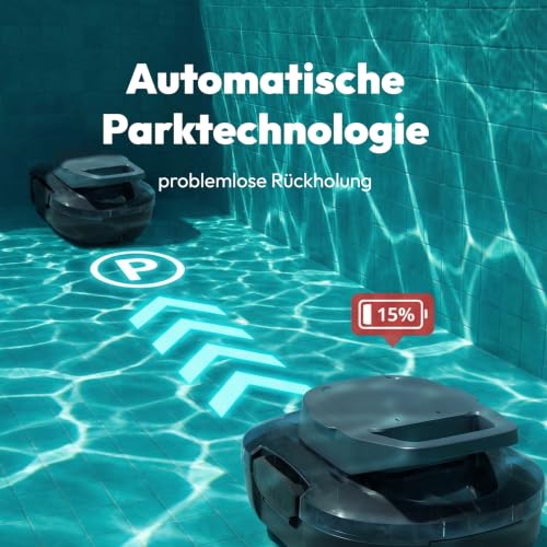 MEDION PR1 Poolroboter Akku, für Aufstellpool, Bodenreinigung für Pools, One-Click-Bedienung, Selbstparkfunktion, 120 Min Akkulaufzeit, 2,2 L Filterkapazität, für 80–100 m², inkl. Ladegerät & Haken - Image 4