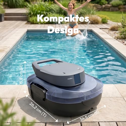 MEDION PR1 Poolroboter Akku, für Aufstellpool, Bodenreinigung für Pools, One-Click-Bedienung, Selbstparkfunktion, 120 Min Akkulaufzeit, 2,2 L Filterkapazität, für 80–100 m², inkl. Ladegerät & Haken - Image 7