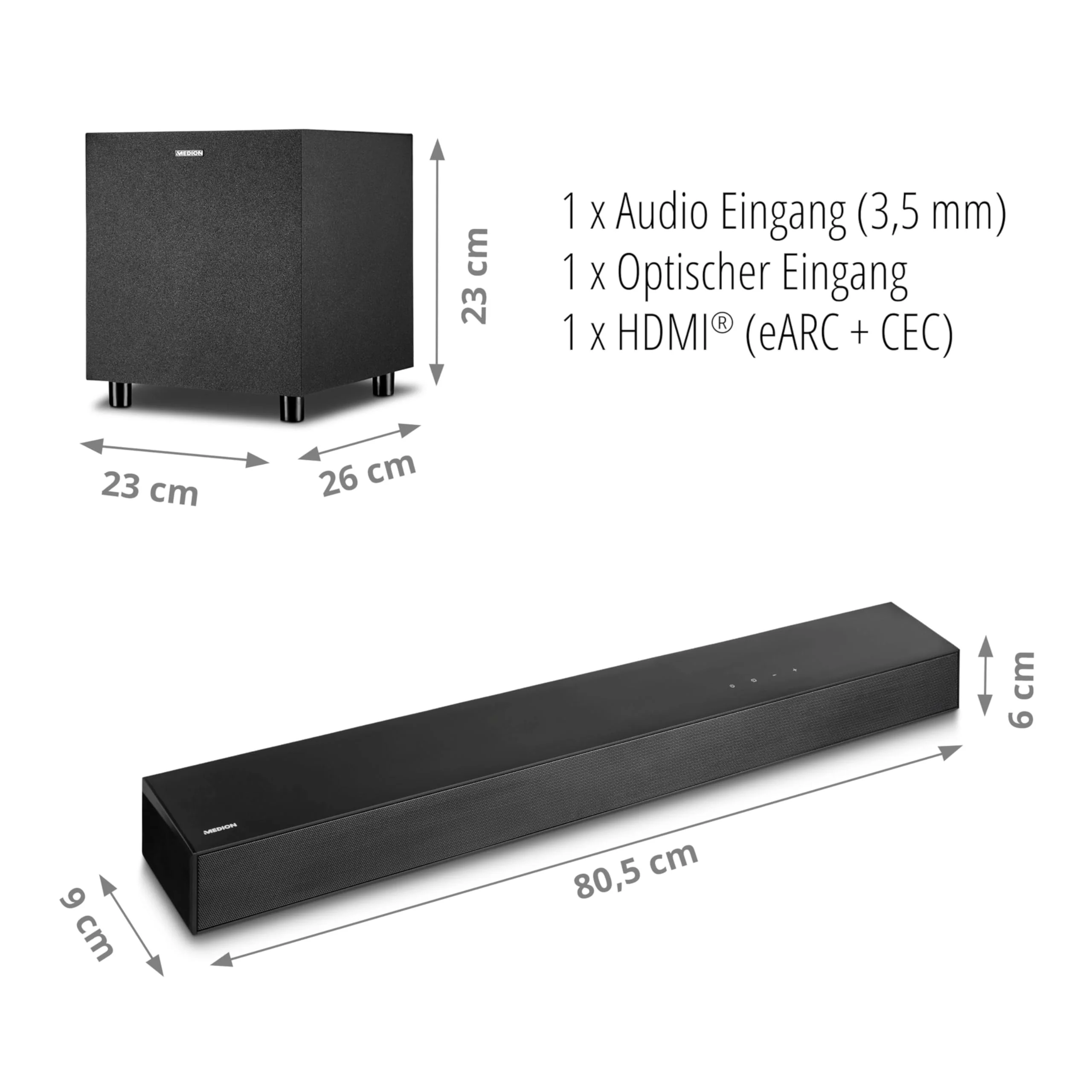 MEDION S61022 3.1 Dolby Atmos Soundbar mit kabellosen Subwoofer (für TV Geräte, Bluetooth 5.3, HDMI eARC CEC, optischer Eingang, AUX, 3 x 20 W + 60 W (RMS) Subwoofer kabellos, Fernbedienung - Image 3