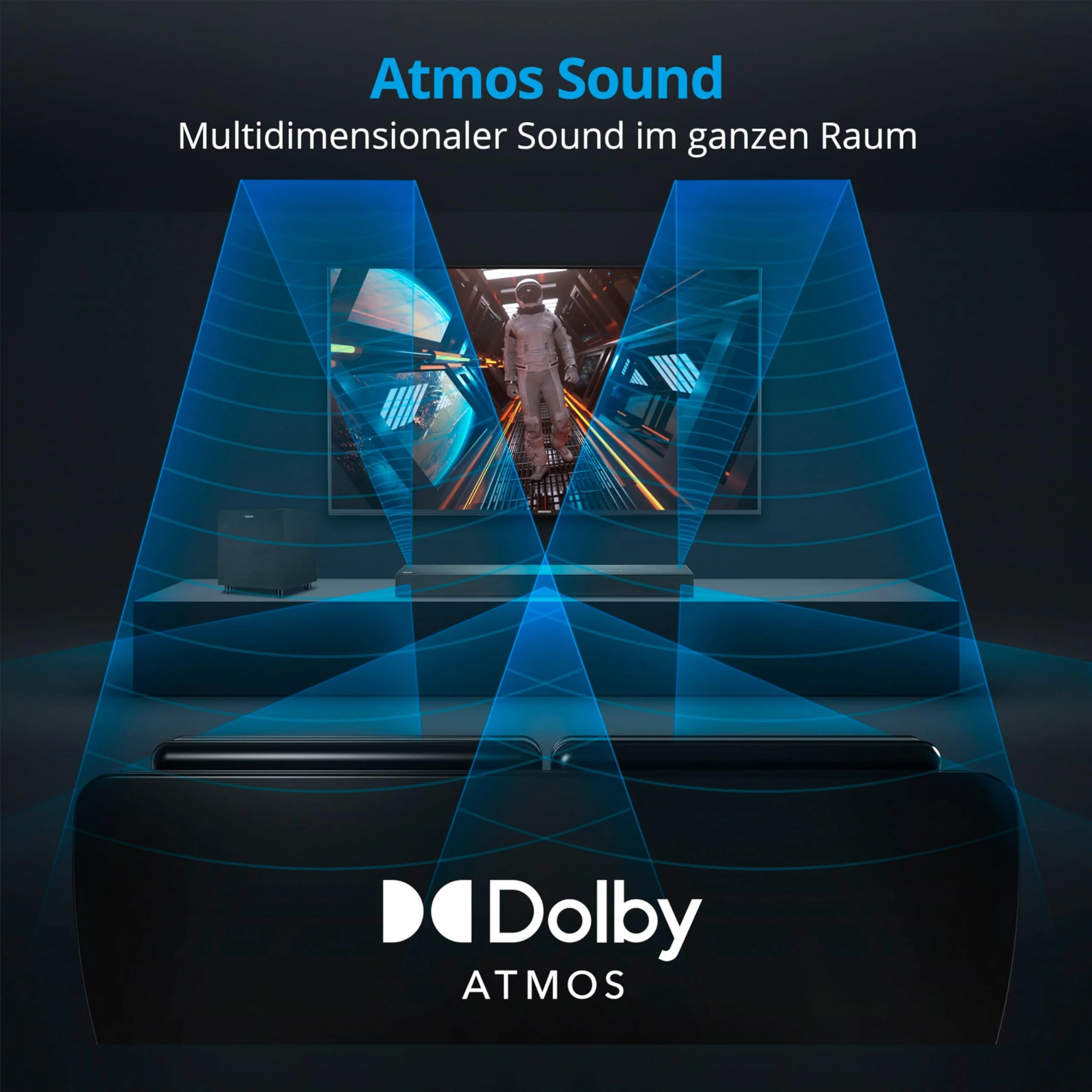 MEDION S61022 3.1 Dolby Atmos Soundbar mit kabellosen Subwoofer (für TV Geräte, Bluetooth 5.3, HDMI eARC CEC, optischer Eingang, AUX, 3 x 20 W + 60 W (RMS) Subwoofer kabellos, Fernbedienung - Image 4