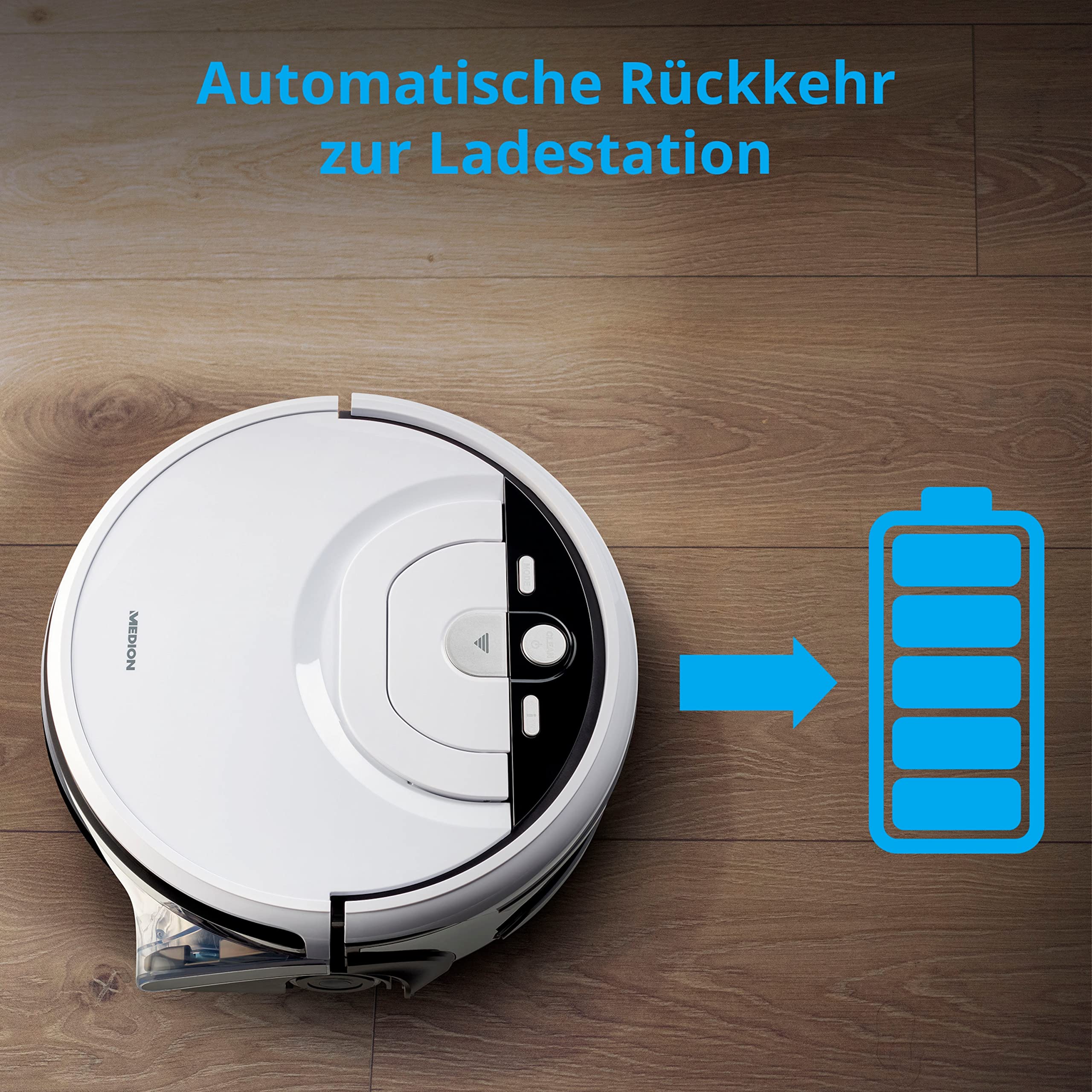 MEDION Wischroboter mit Wassertank (intelligente Navigation, Bodenreiniger mit Walze für Holzboden Hartboden Parkett, getrennter Schmutzwassertank/Frischwassertank, MD 20053) weiß - Image 2