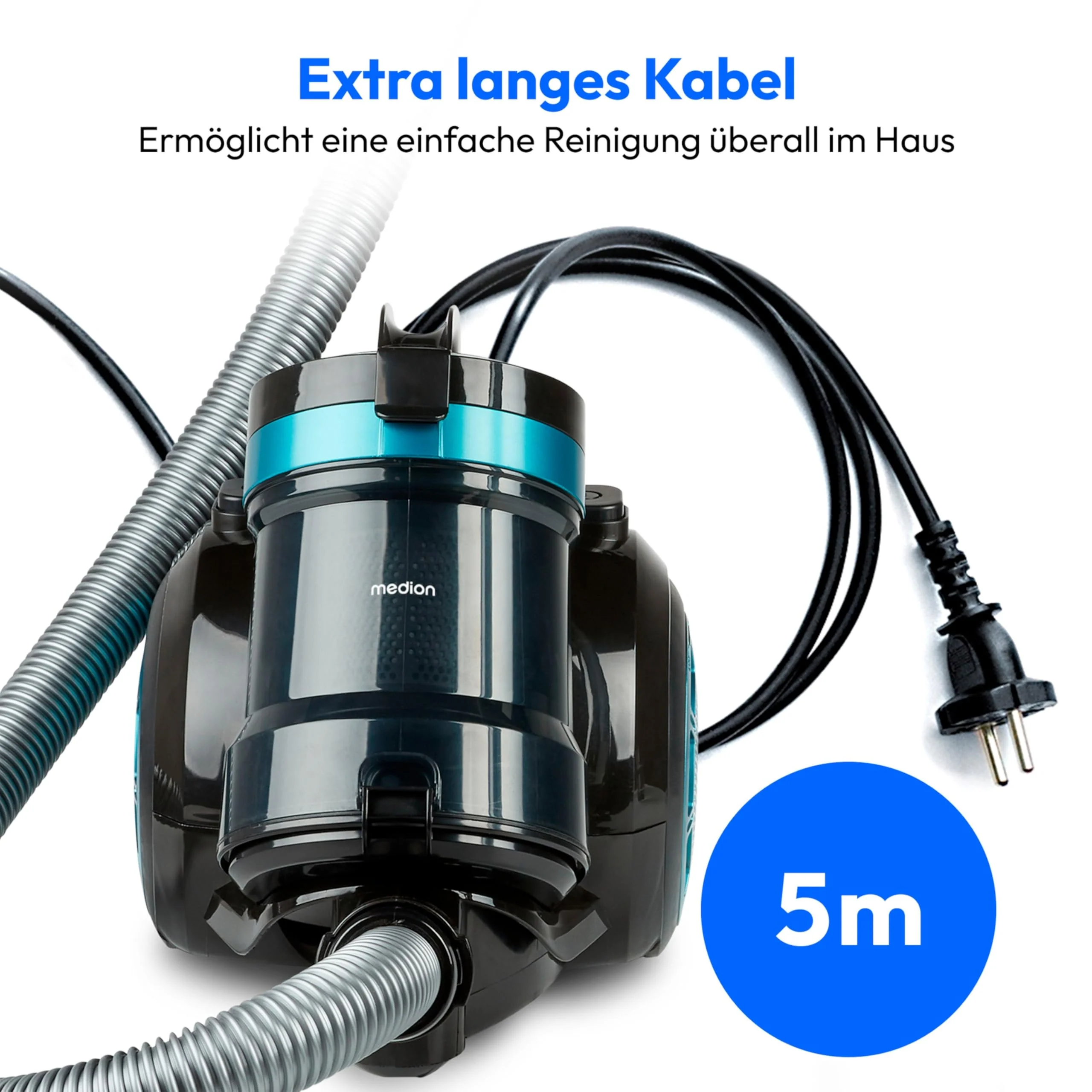 MEDION Zyklon-Staubsauger 800 Watt Leistung, 2 Liter Staubbehälterkapazität, 5 m Arbeitsradius, waschbarer EPA-Filter E12, MD 19407, blau - Image 4