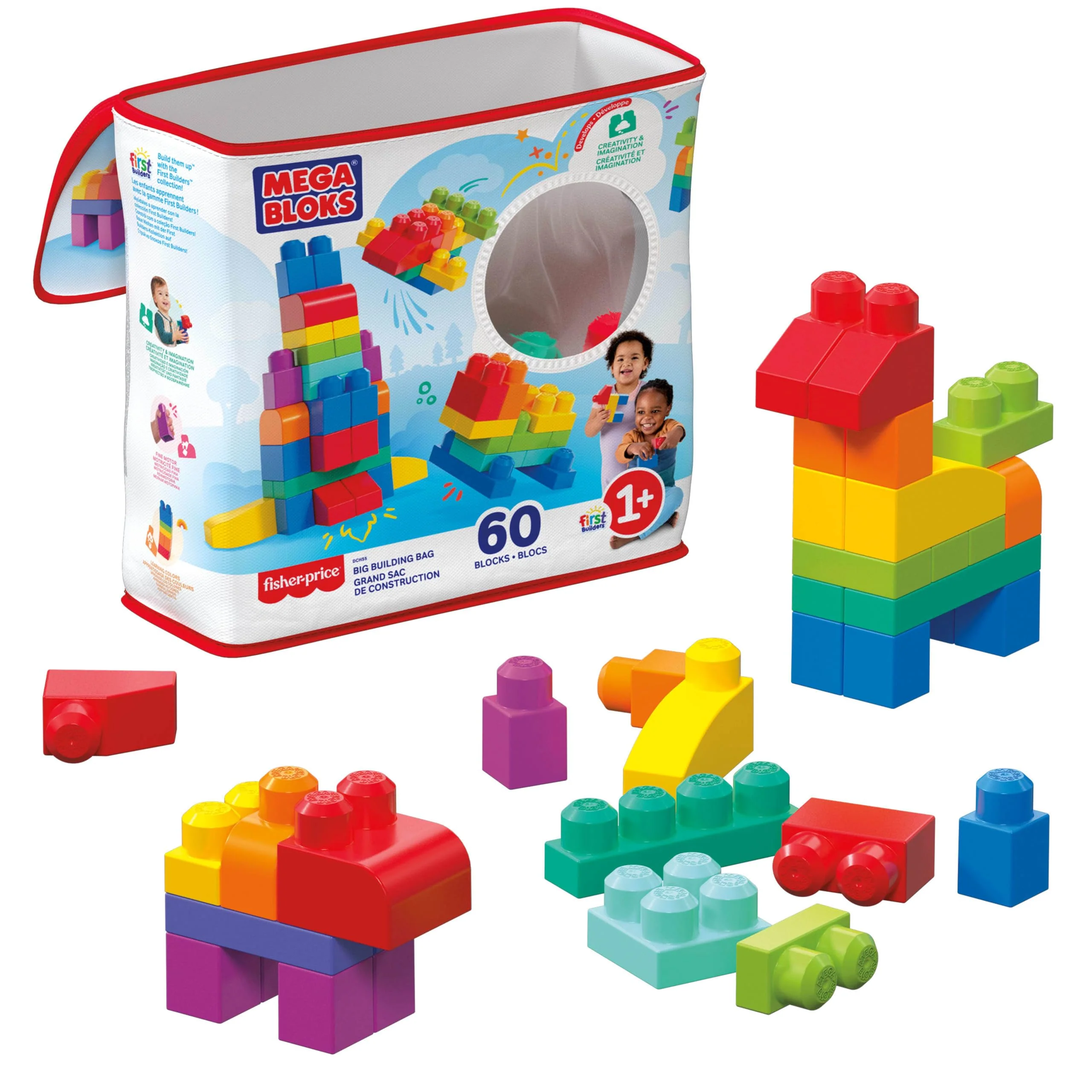 Mega Bloks, Bausteine für Kinder ab 1 Jahr, 60 Bauklötze, mit wiederverwendbarem Aufbewahrungsbeutel, fördert Kreativität und Fantasie, Spielzeug ab 1 Jahr, DCH55