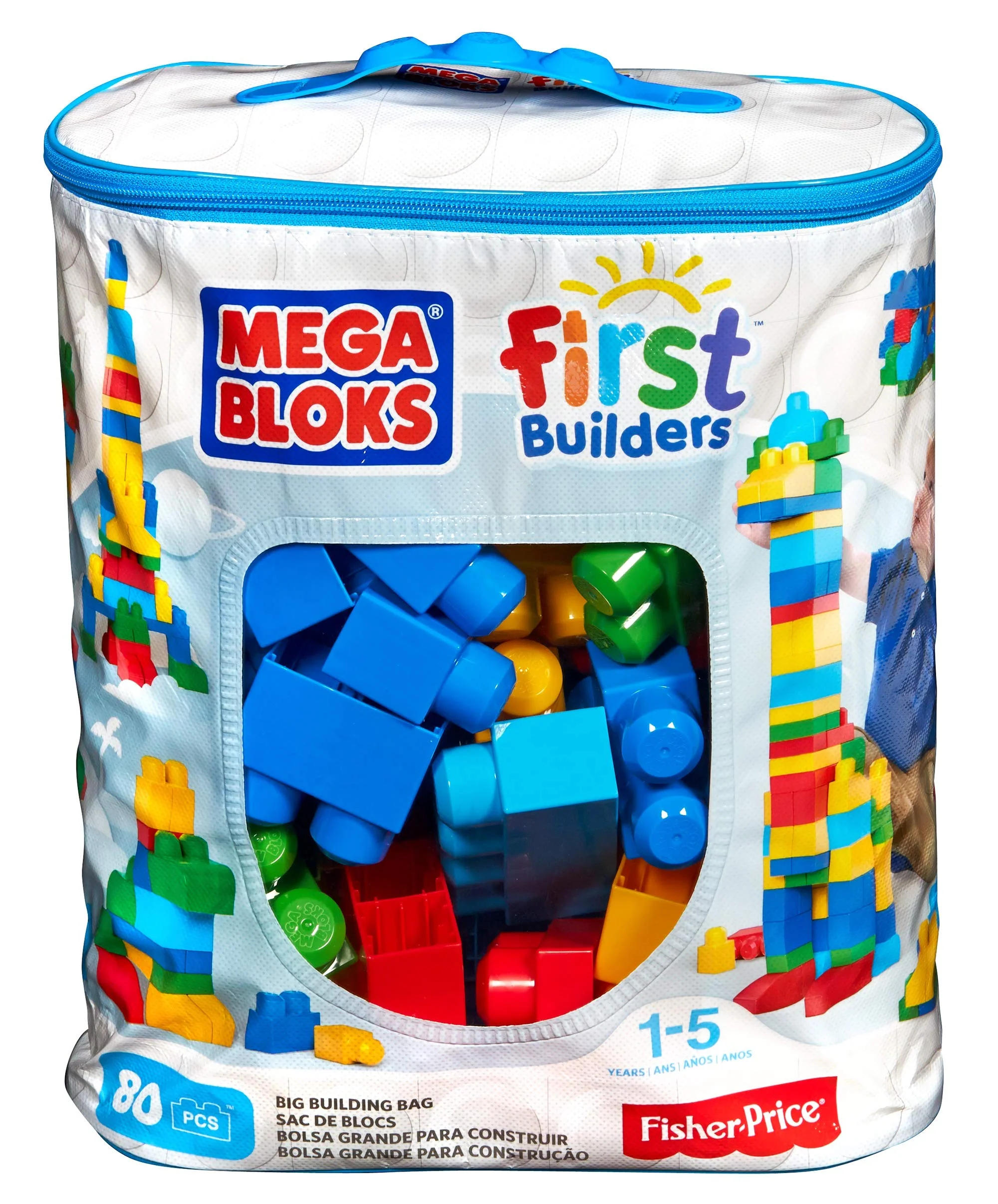 MEGA BLOKS Fisher-Price Bausteine für Kleinkinder, großer Bausteinebeutel mit 80 Teilen und Aufbewahrungsmöglichkeit, Blau, Geschenkideen für Kinder ab 1 Jahr, DCH63 - Image 4