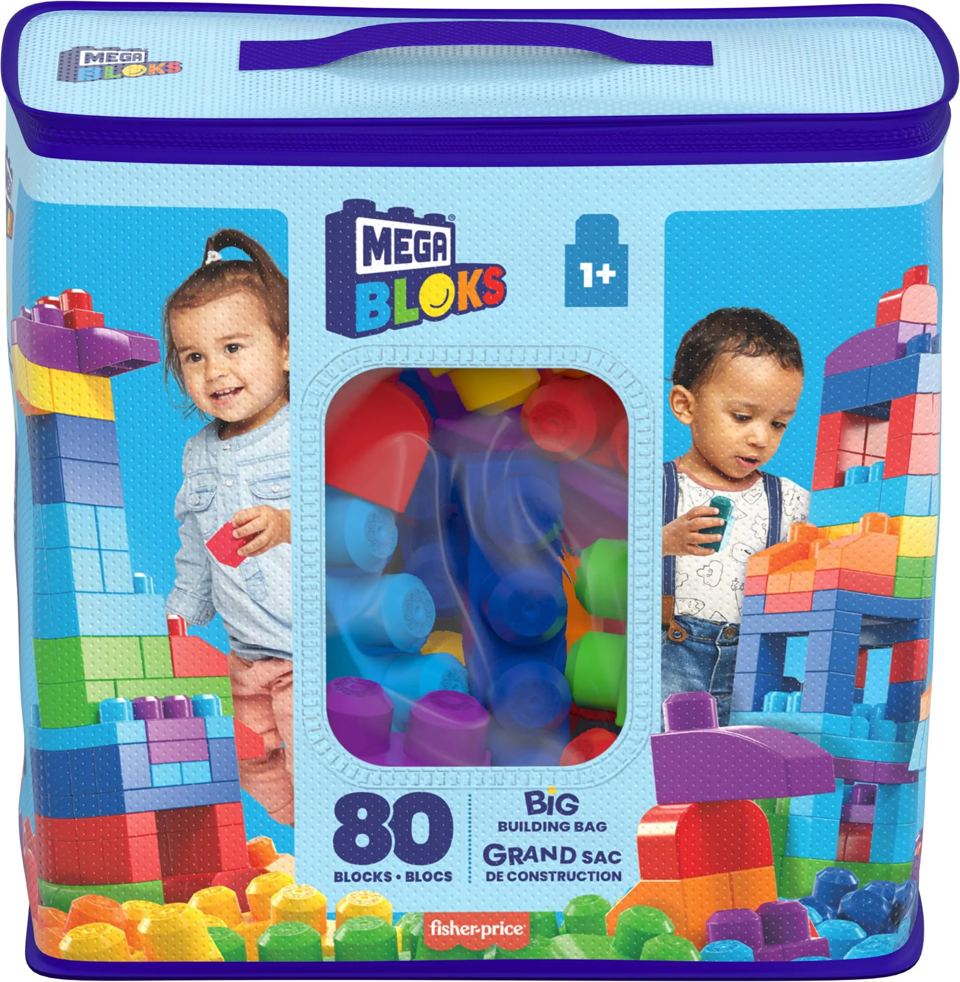 MEGA BLOKS Fisher-Price Bausteine für Kleinkinder, großer Bausteinebeutel mit 80 Teilen und Aufbewahrungsmöglichkeit, Blau, Geschenkideen für Kinder ab 1 Jahr, DCH63 - Image 6