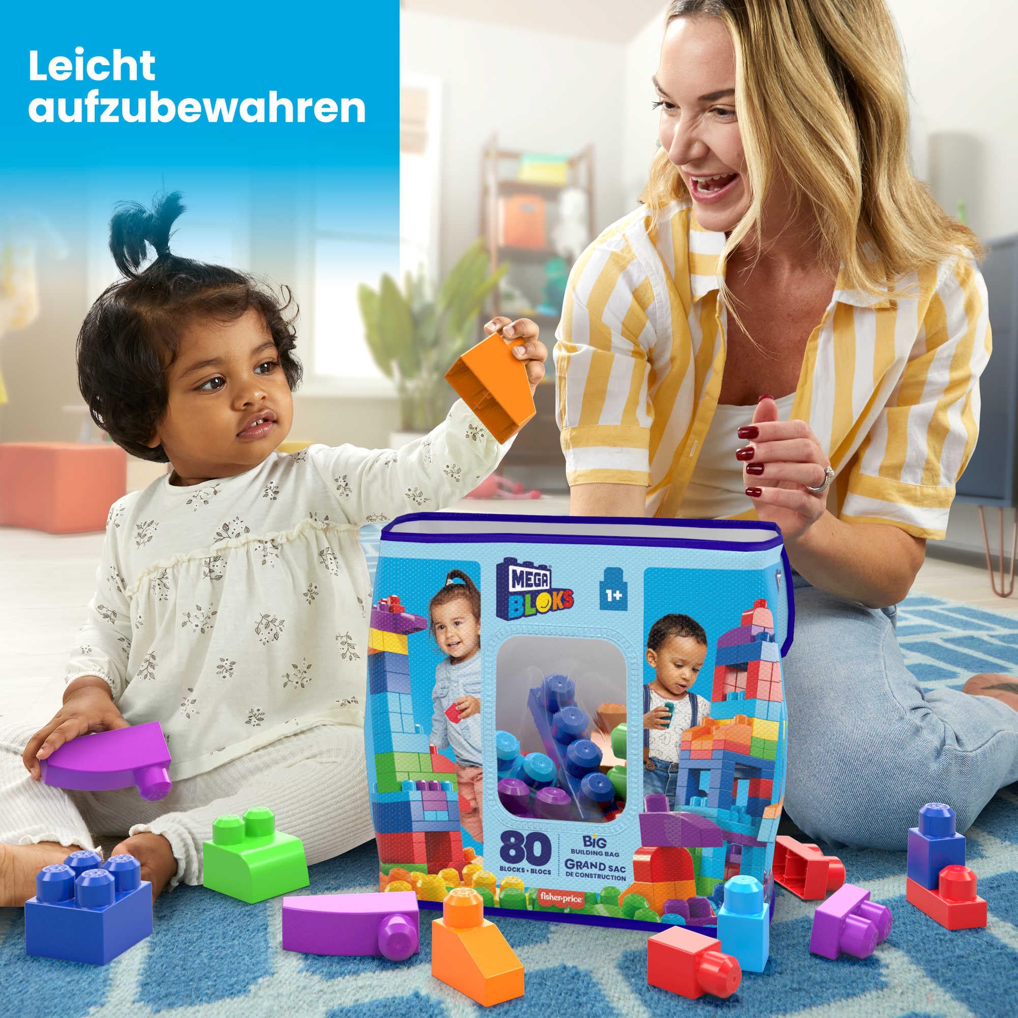MEGA BLOKS Fisher-Price Bausteine für Kleinkinder, großer Bausteinebeutel mit 80 Teilen und Aufbewahrungsmöglichkeit, Blau, Geschenkideen für Kinder ab 1 Jahr, DCH63 - Image 7
