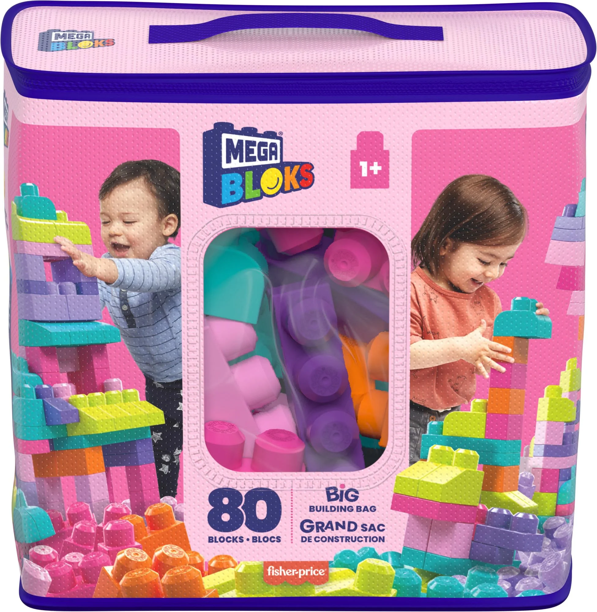 MEGA BLOKS Großer Bausteinebeutel - 80 robuste Bausteine mit wiederverwendbarem Aufbewahrungsbeutel, kompatibel mit Allen Mega Bloks Bauspielzeugen, für Kinder ab 1 Jahr, DCH62 - Image 2