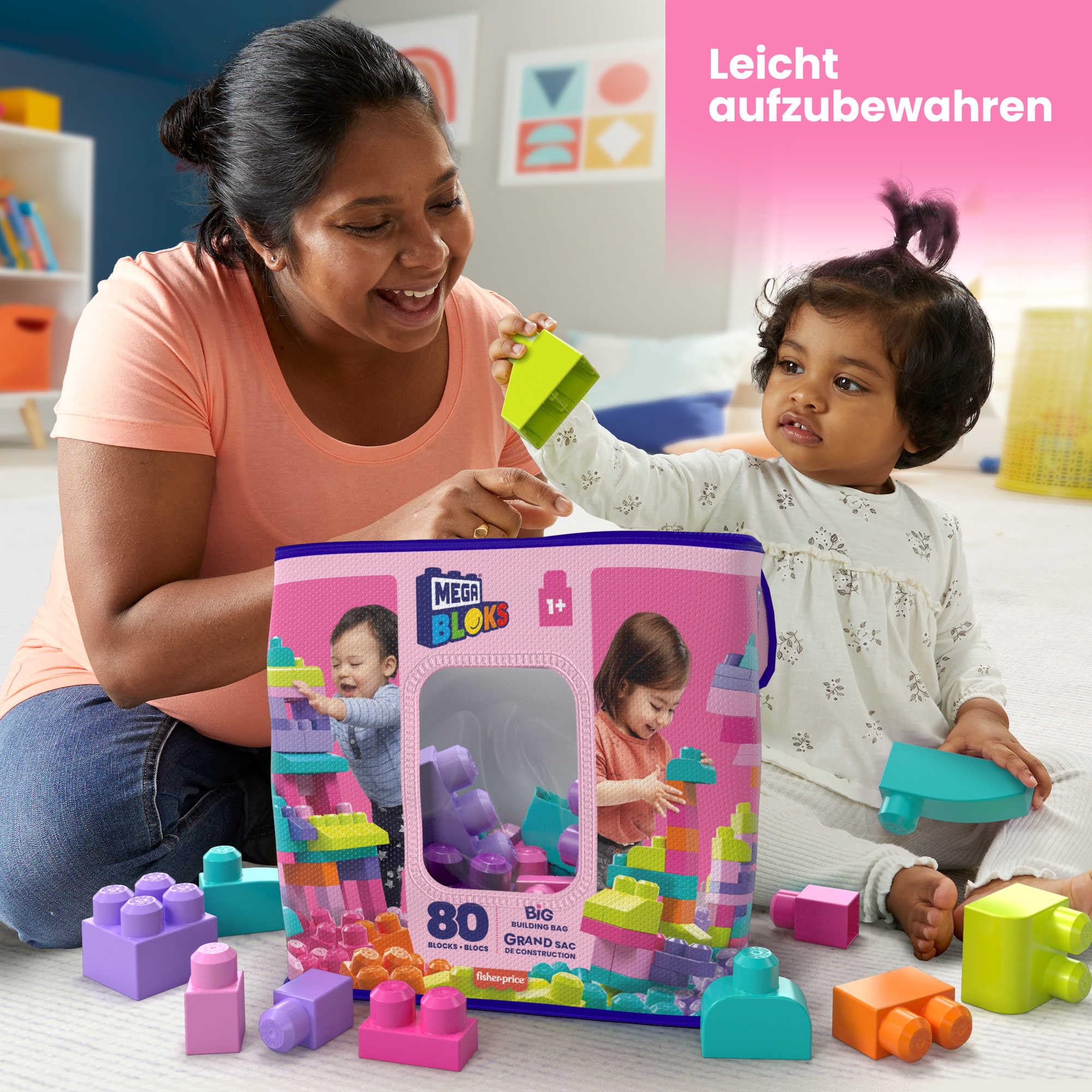 MEGA BLOKS Großer Bausteinebeutel - 80 robuste Bausteine mit wiederverwendbarem Aufbewahrungsbeutel, kompatibel mit Allen Mega Bloks Bauspielzeugen, für Kinder ab 1 Jahr, DCH62 - Image 3