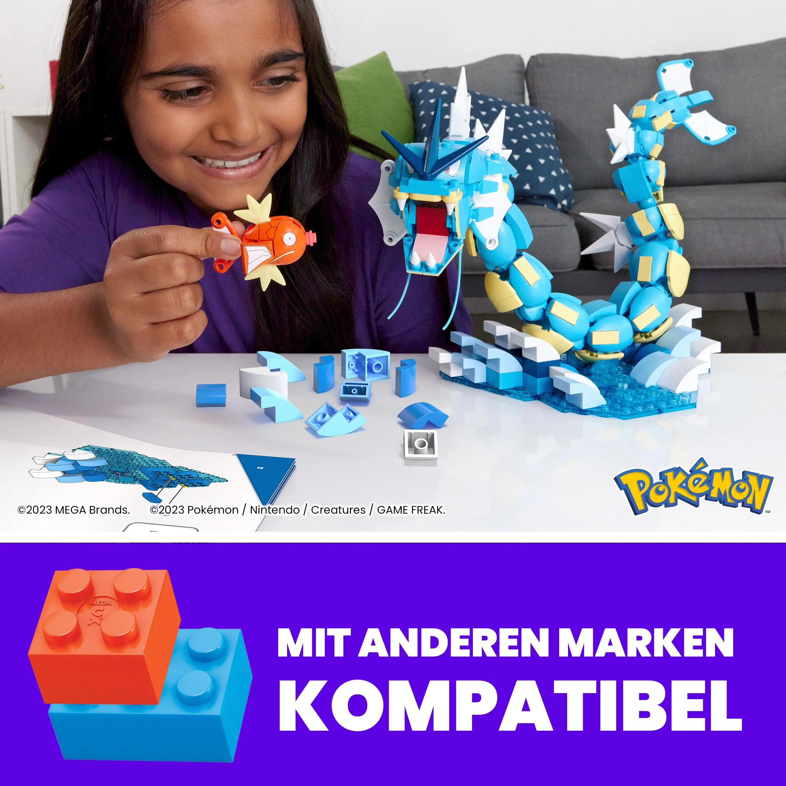 MEGA POKÉMON Karpador Evolutionsset - 411-teiliges Bauset mit Garados und Wasserlandschaft für dynamische Ausstellmöglichkeiten, 12 Verbindungspunkte, für Kinder ab 8 Jahren, HNT95 - Image 6