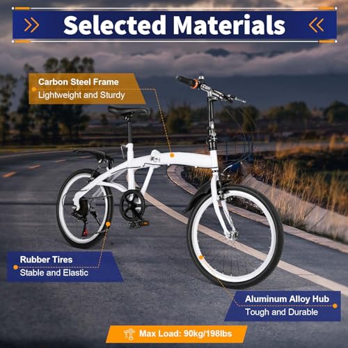 MEHOOSPVN 20-Zoll-Faltrad, Klapprad mit 6 Gang-Schaltung, höhenverstellbares Carbonstahl-Faltrad, Federgabel Fahrräder Klappfahrrad für Kinder oder Erwachsene mit Schutzblechen, Weiß - Image 10