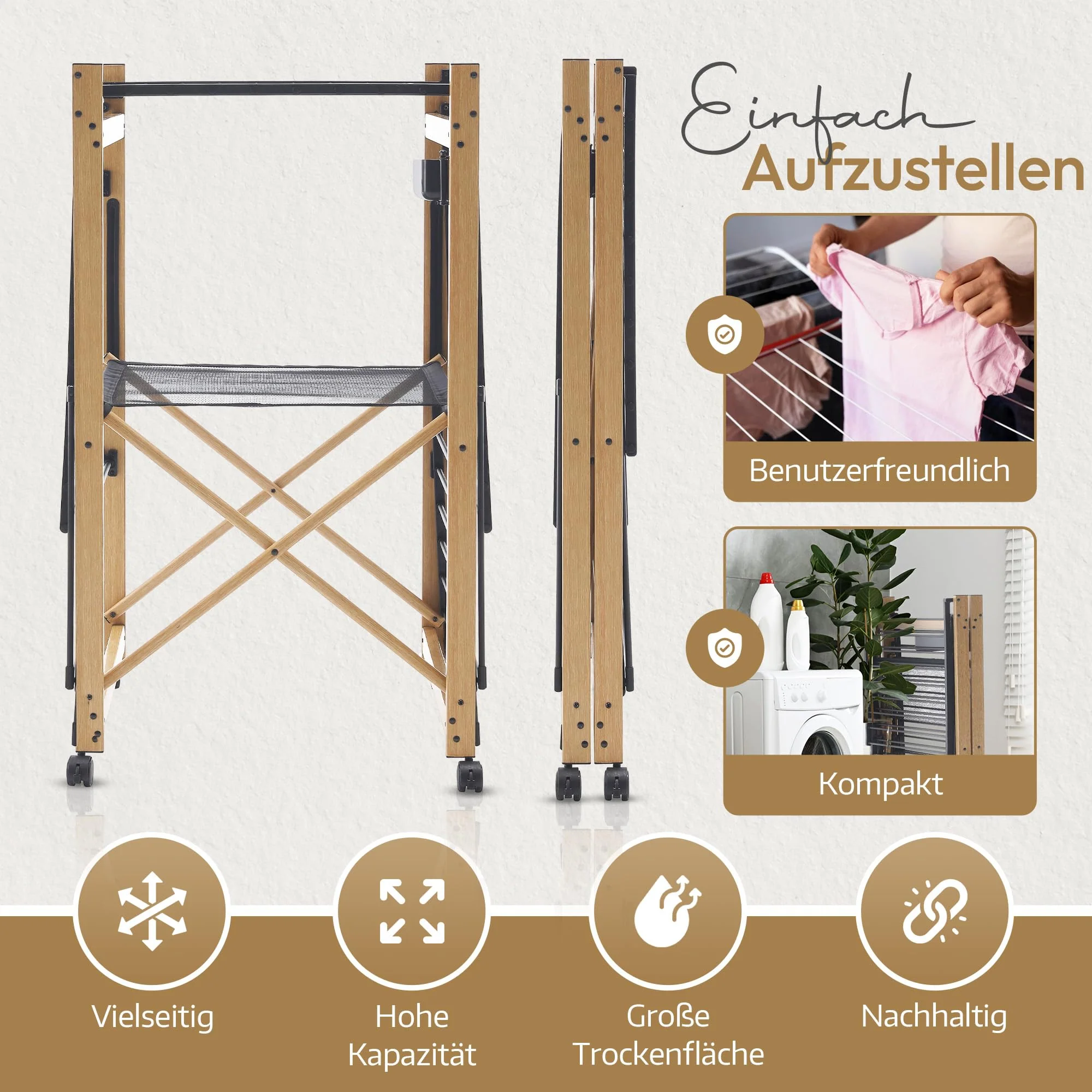 Meisterhome® Wäscheständer Standtrockner 30m Trockenleinenlänge, Flügelwäscheständer, Flügelwäschetrockner platzsparend, Metall, für Kleidung, Handtücher, Wäsche - Schwarz - Image 3