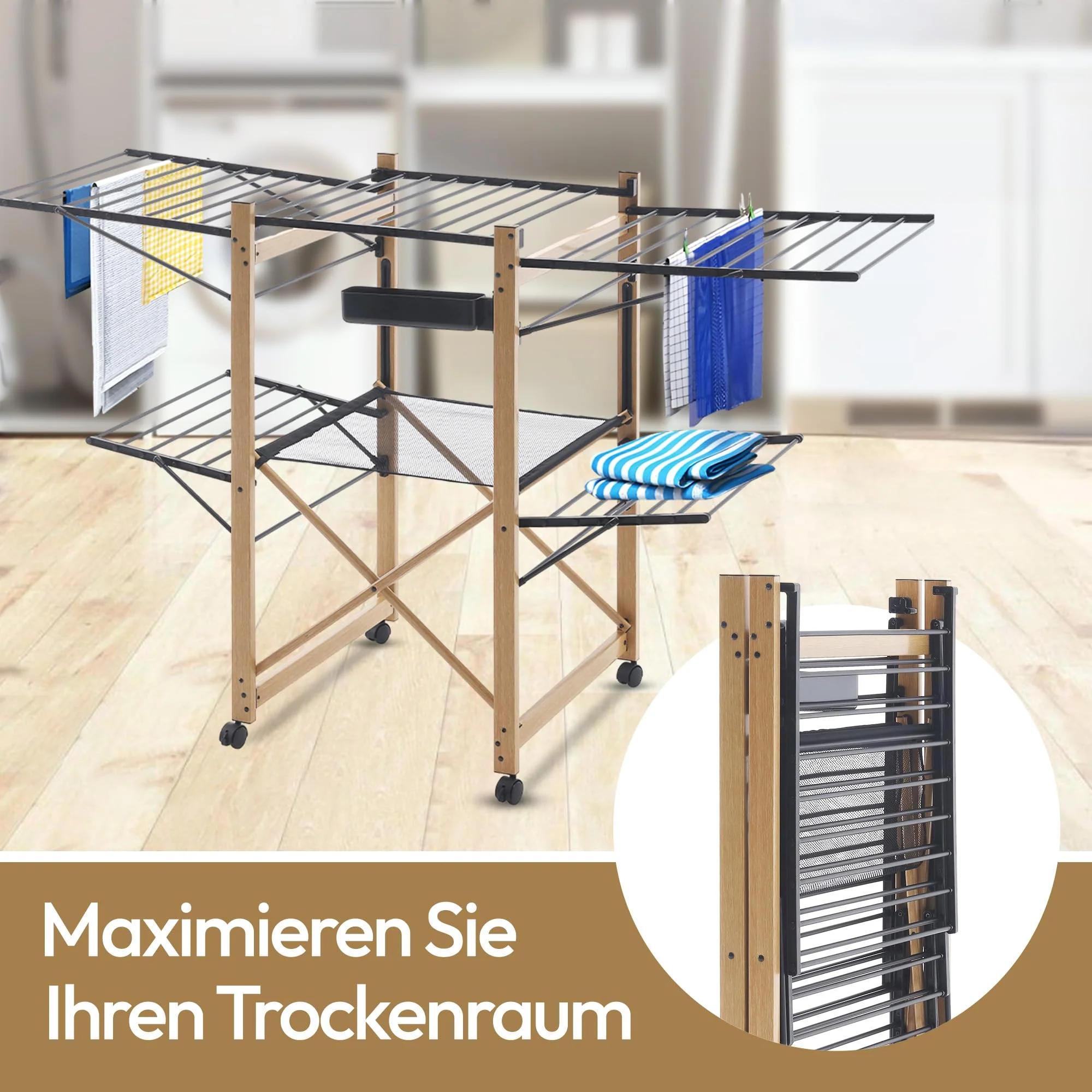Meisterhome® Wäscheständer Standtrockner 30m Trockenleinenlänge, Flügelwäscheständer, Flügelwäschetrockner platzsparend, Metall, für Kleidung, Handtücher, Wäsche - Schwarz - Image 6