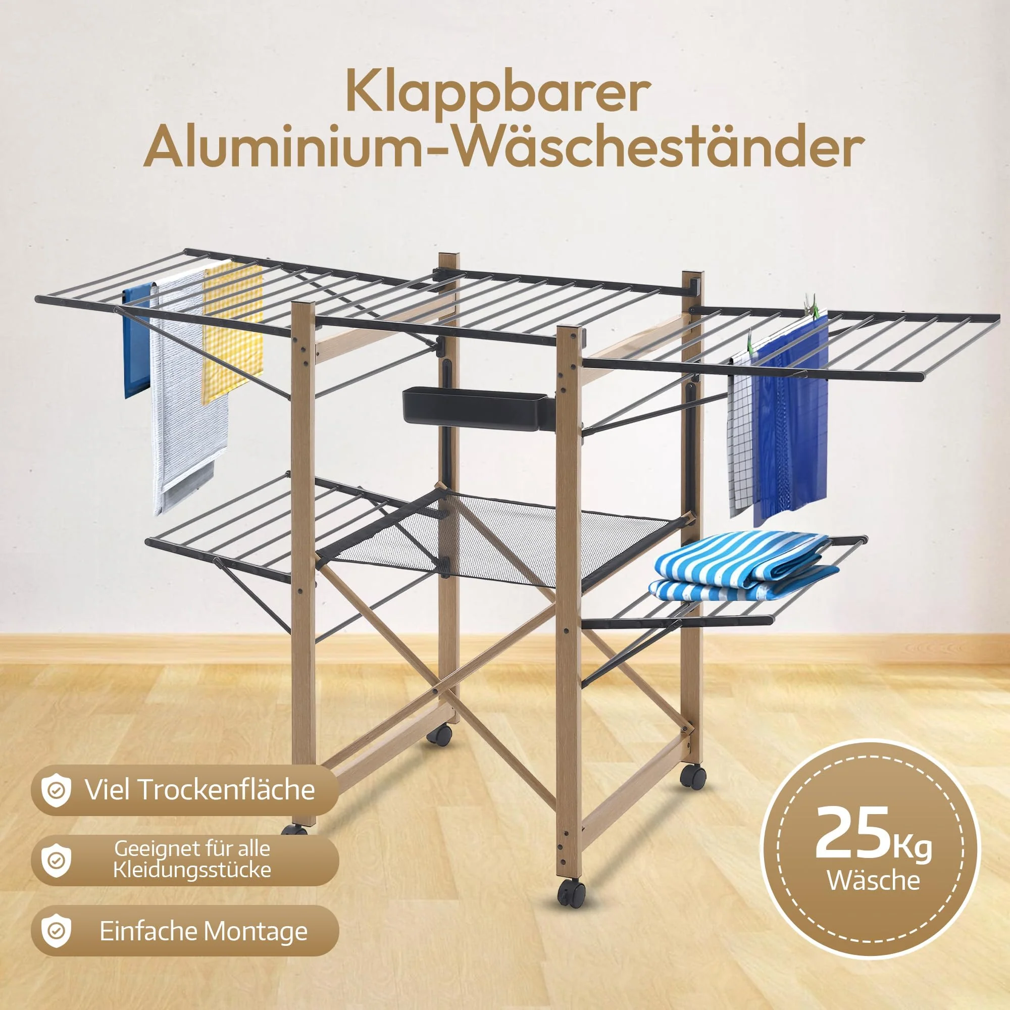 Meisterhome® Wäscheständer Standtrockner 30m Trockenleinenlänge, Flügelwäscheständer, Flügelwäschetrockner platzsparend, Metall, für Kleidung, Handtücher, Wäsche - Schwarz - Image 7