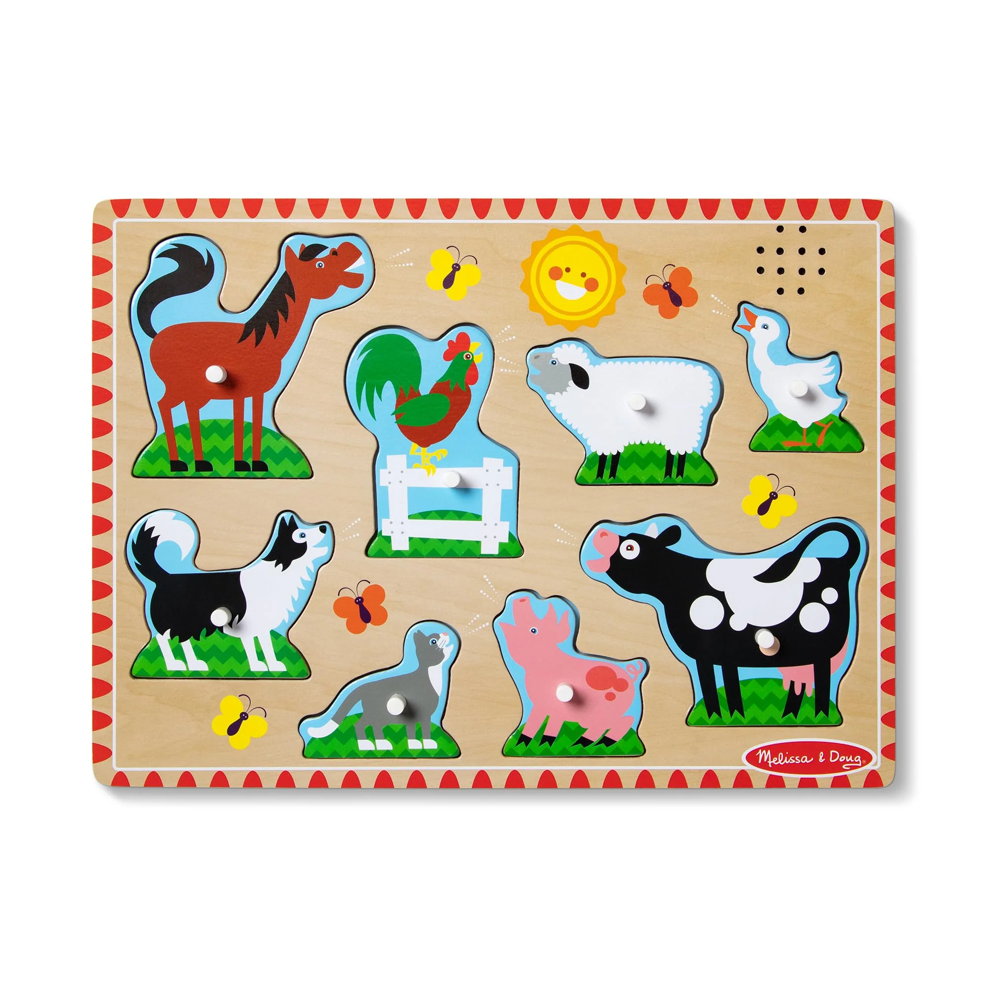 Melissa & Doug - Bauernhoftiere Sound Puzzle - 8-teiliges Steckpuzzle aus Holz mit Tieren und Sound-Effekten, fördert Motorik und Hörvermögen, ab 2 Jahren