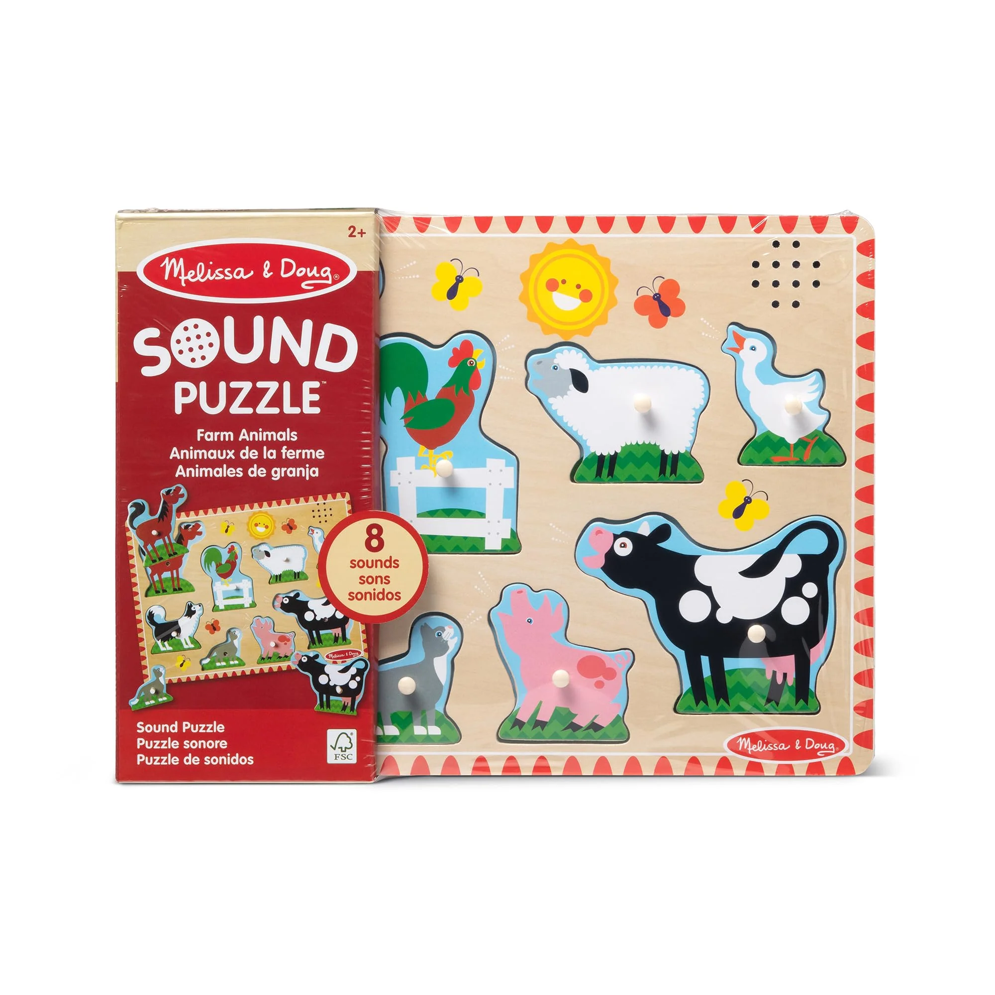 Melissa & Doug - Bauernhoftiere Sound Puzzle - 8-teiliges Steckpuzzle aus Holz mit Tieren und Sound-Effekten, fördert Motorik und Hörvermögen, ab 2 Jahren - Image 2