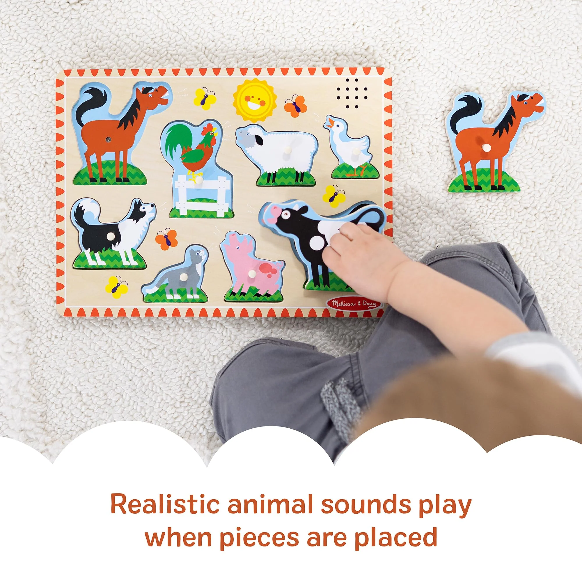 Melissa & Doug - Bauernhoftiere Sound Puzzle - 8-teiliges Steckpuzzle aus Holz mit Tieren und Sound-Effekten, fördert Motorik und Hörvermögen, ab 2 Jahren - Image 7